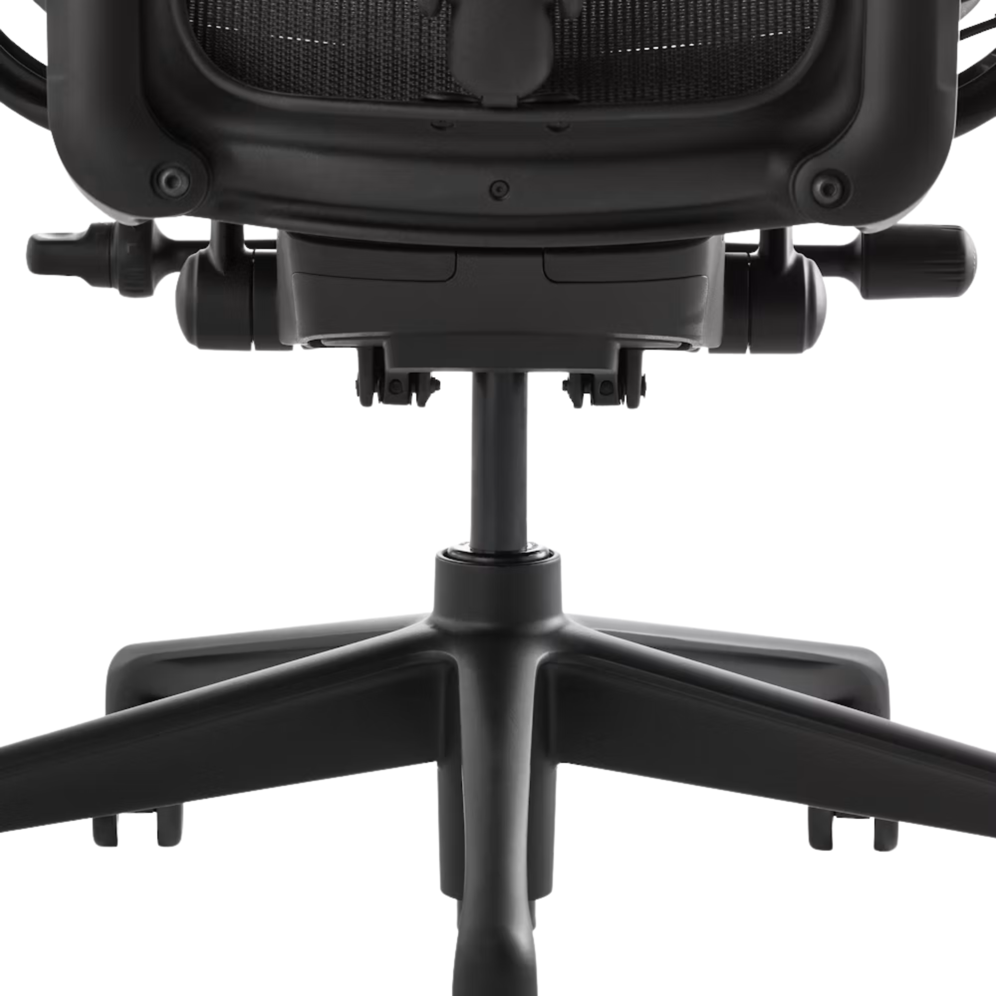 The base of the black and onyx Aeron Office Chair from Herman Miller shown close up.