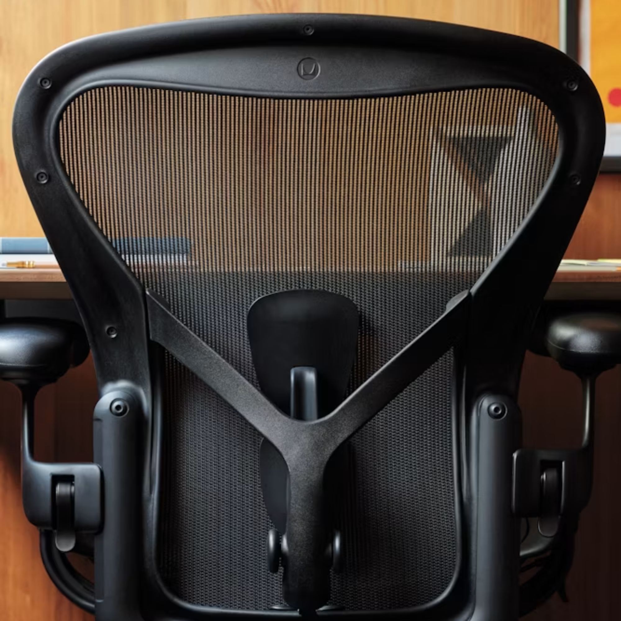 A close up of the adjustable posturefit SL backing of the black and onyx Aeron Office Chair from Herman Miller.