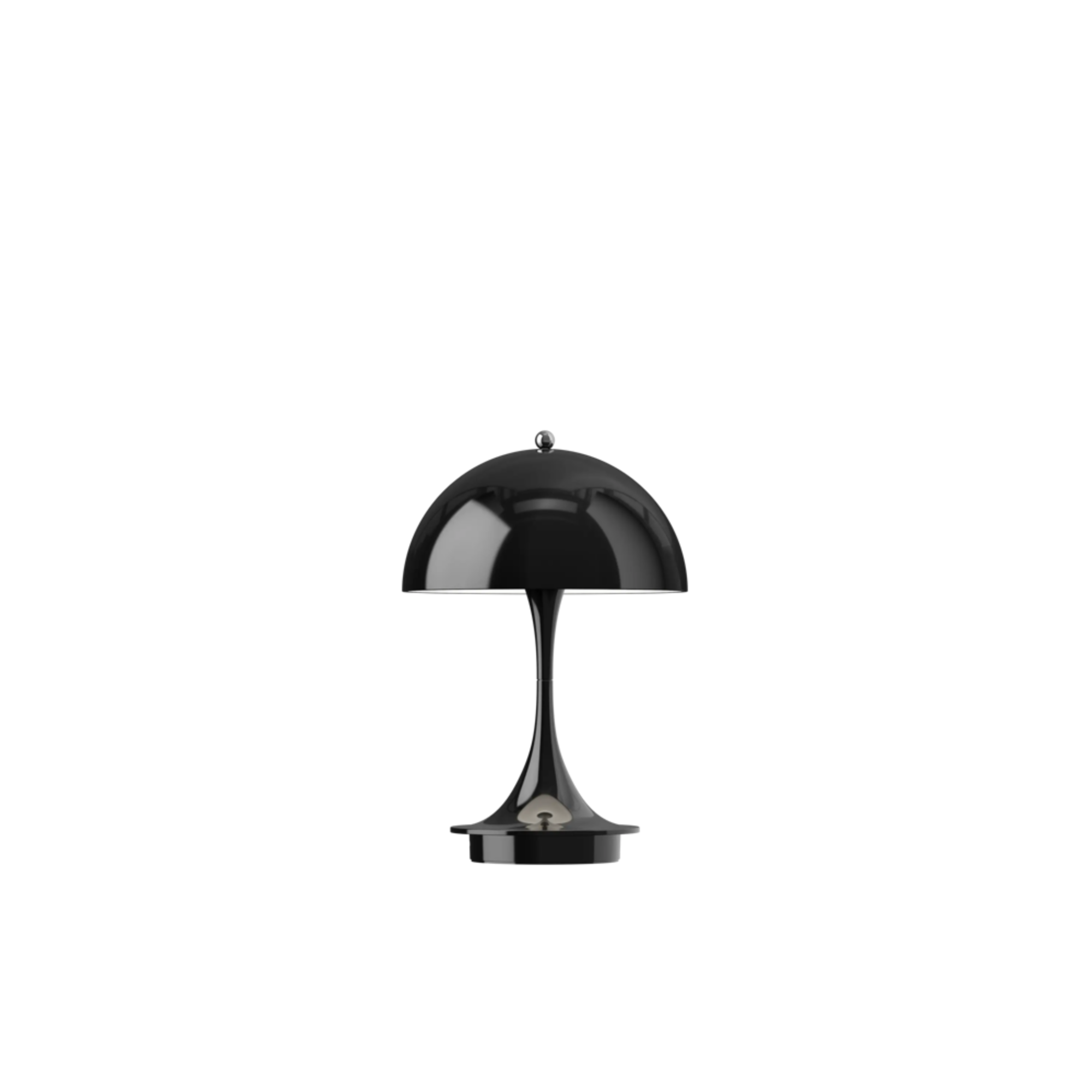 The black Panthella 160 Portable Lamp from Louis Poulsen turned on.