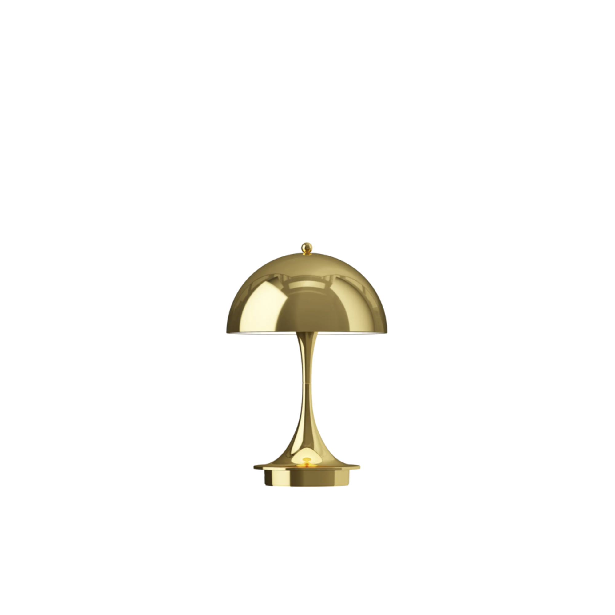 The brass Panthella 160 Portable Lamp from Louis Poulsen turned on.