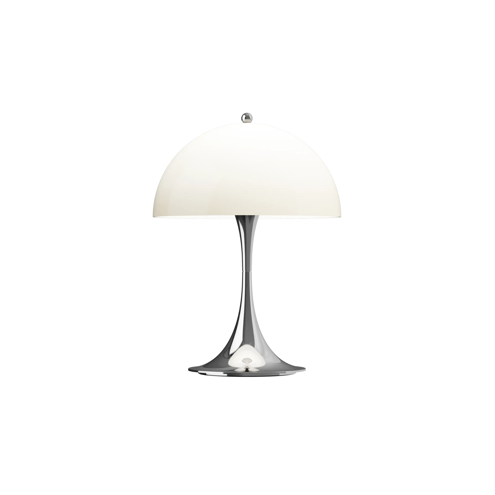The chrome beige Panthella 250 Portable Lamp from Louis Poulsen turned on.