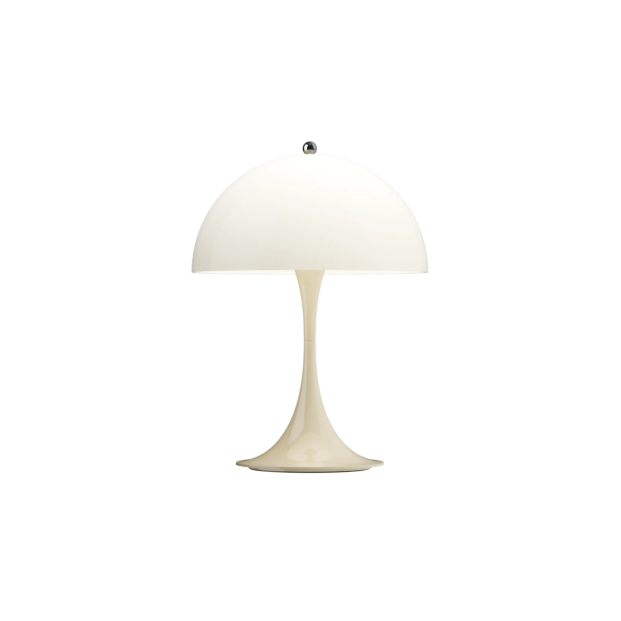 The opal beige Panthella 250 Portable Lamp from Louis Poulsen turned on.