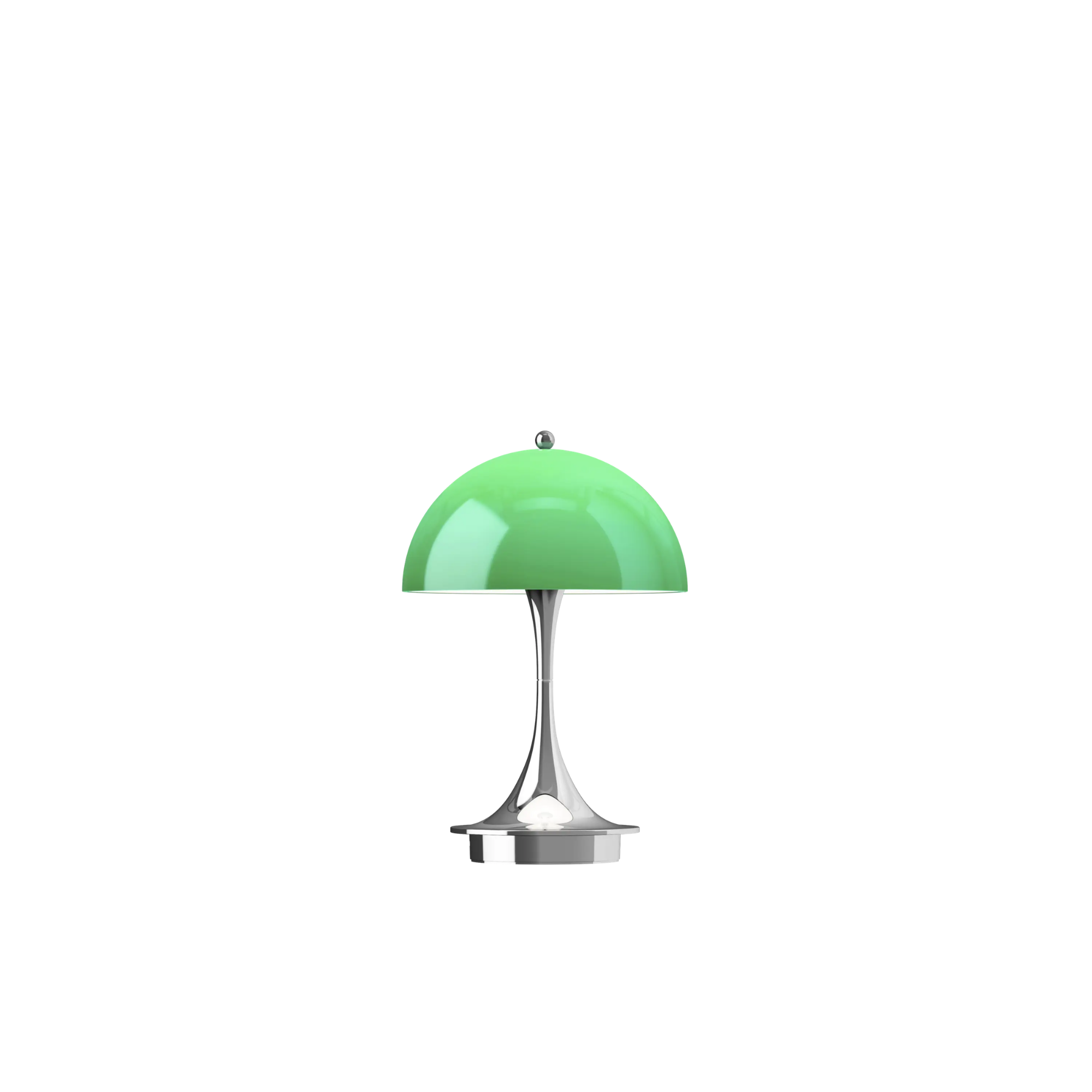 The 9.5 inch green Panthella Portable Lamp: The Originals from Louis Poulsen turned on.