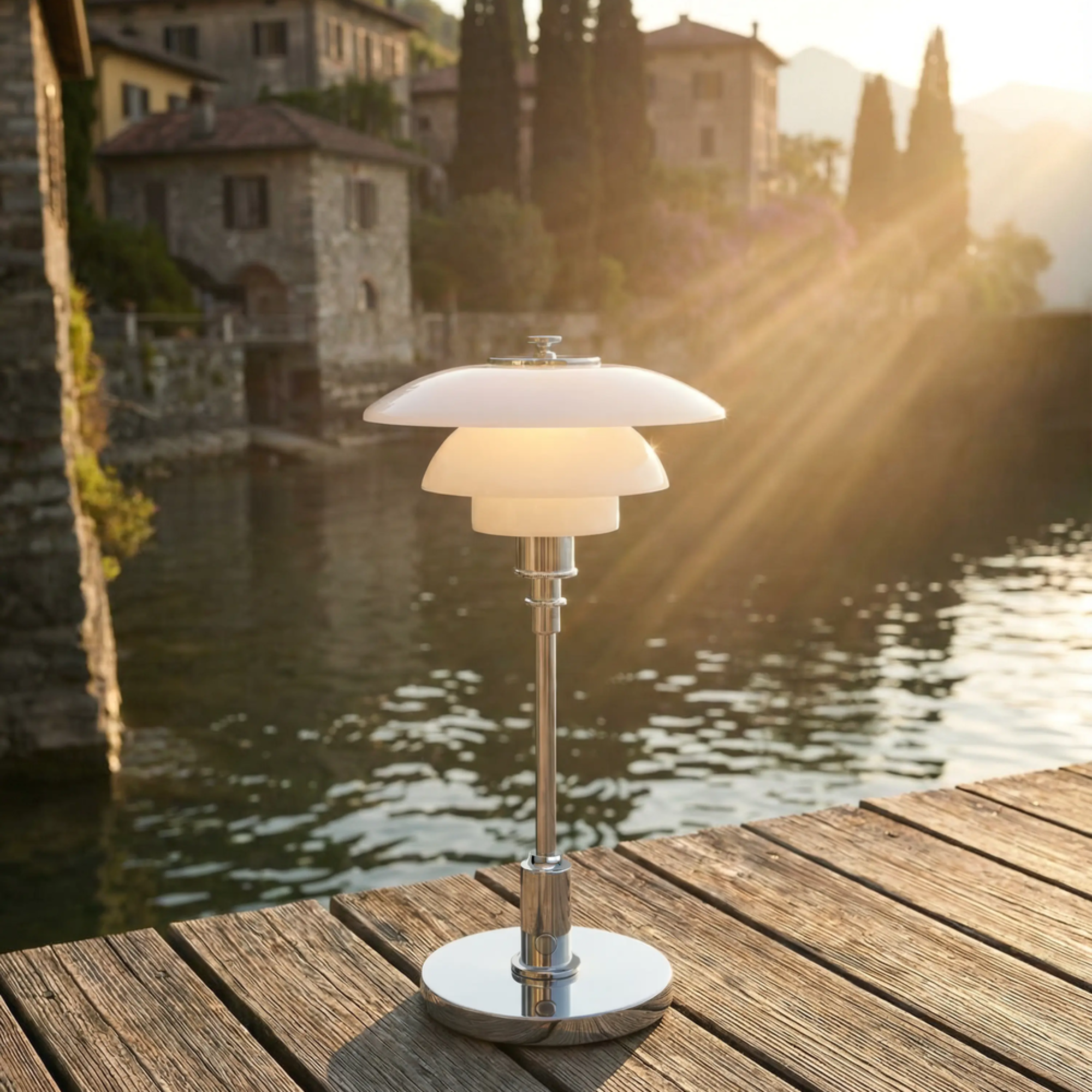 The chrome PH 1/1 Portable Lamp from Louis Poulsen on a dock next to an Italian lake.