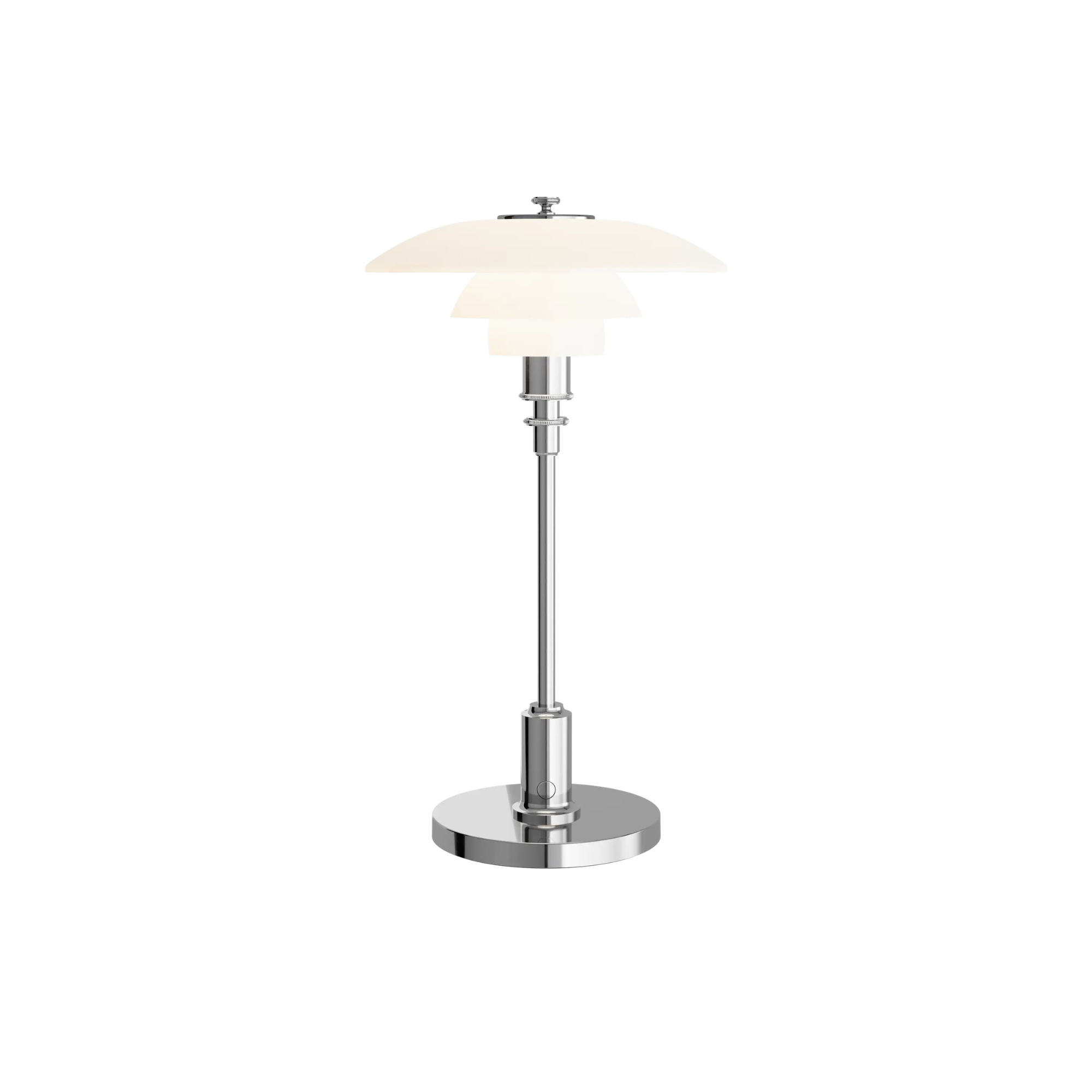 The chrome PH 2/1 Portable Lamp from Louis Poulsen turned on.