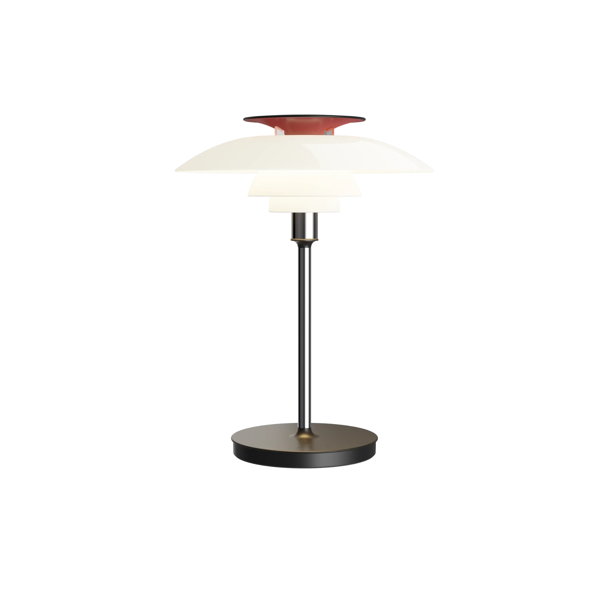The opal white and high luster chrome plate PH 80 Portable Lamp from Louis Poulsen turned on.