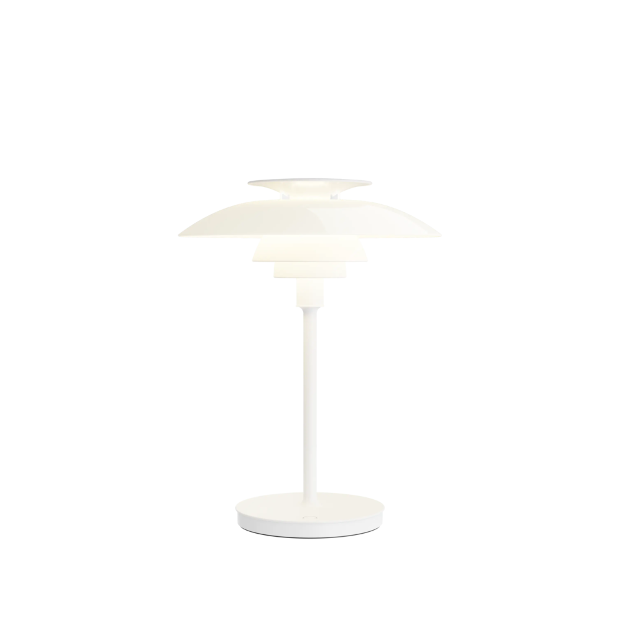 The opal white and white plate PH 80 Portable Lamp from Louis Poulsen turned on.