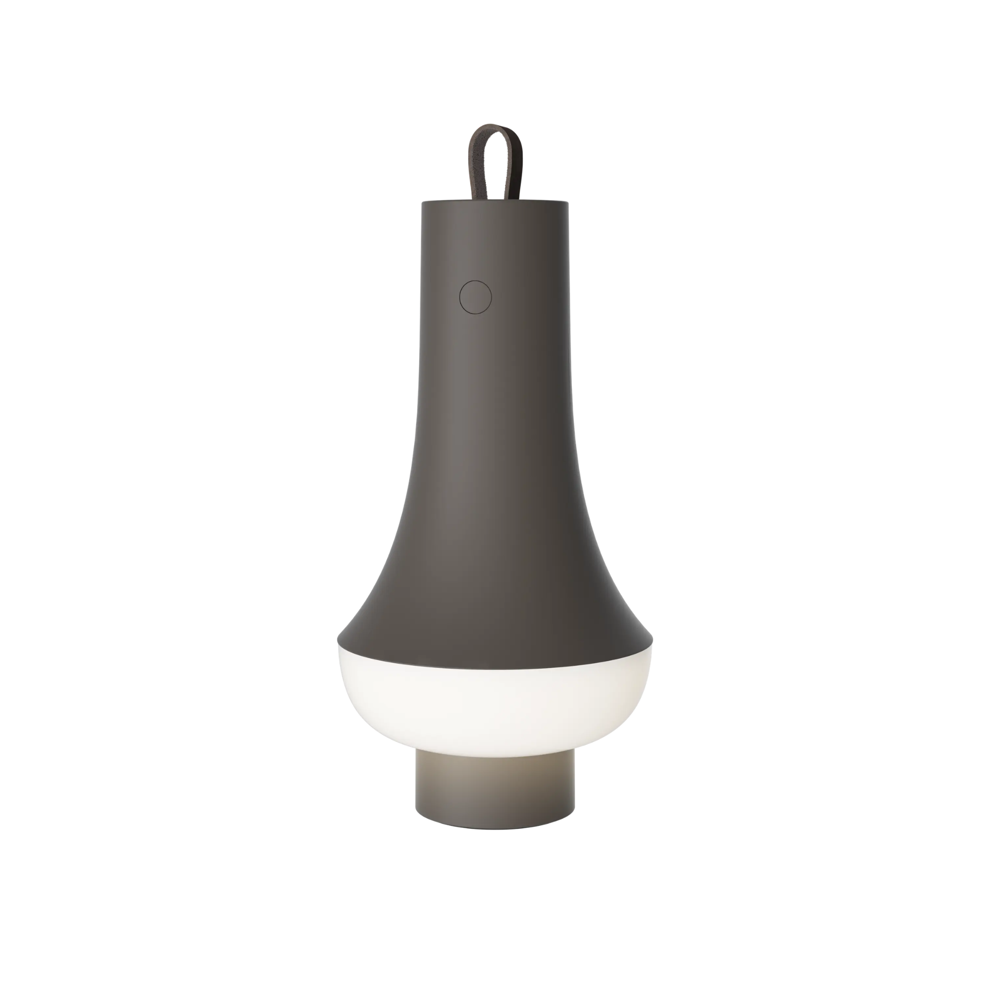 The dark brown Tomoshi Portable Lamp from Louis Poulsen turned on.
