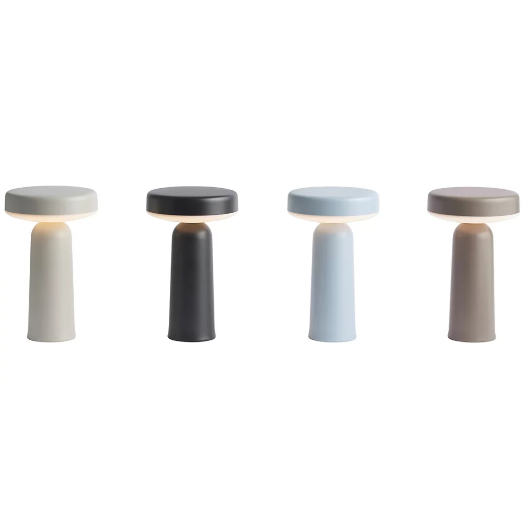 All four colors of the Ease Cordless Lamp from Muuto on a white background.