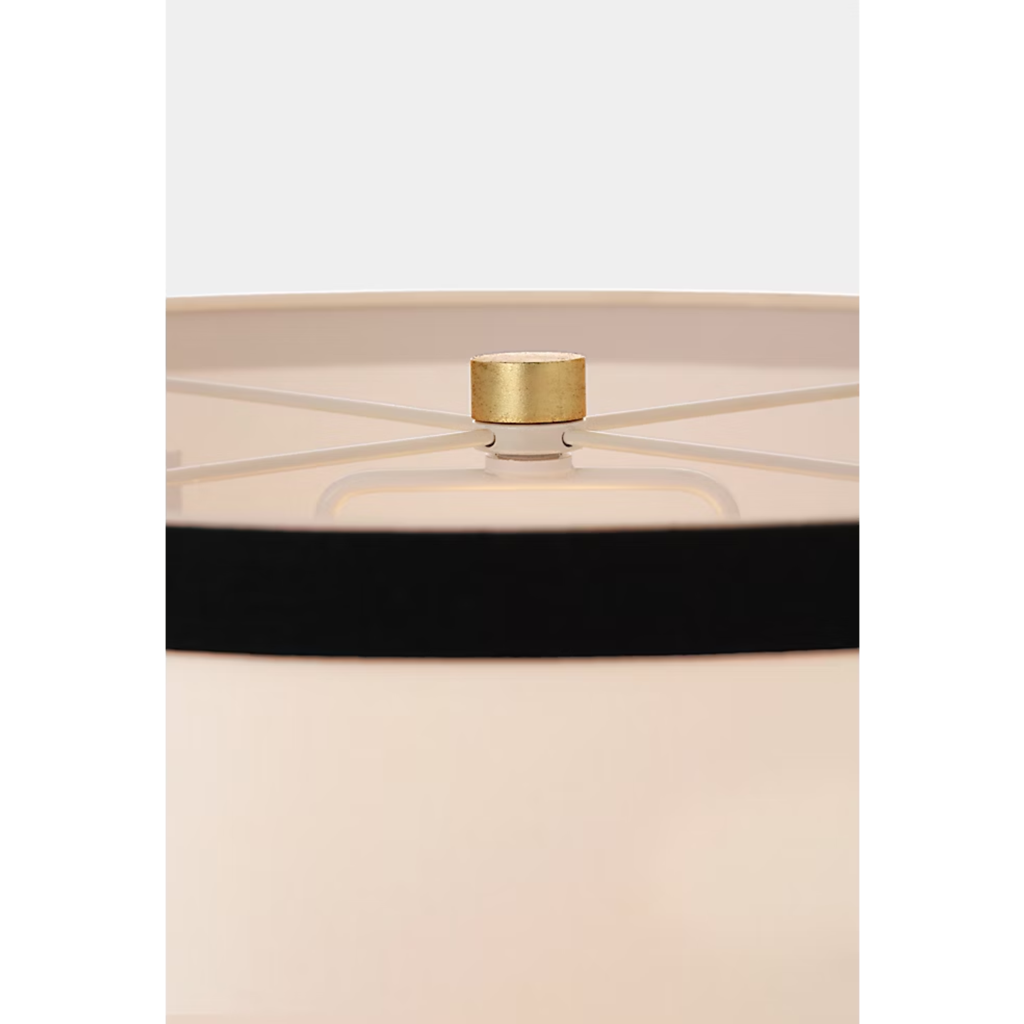 The gild with cream linen shade with black linen trim Walker Cordless Floor Lamp from Visual Comfort Signature shade shown close up.