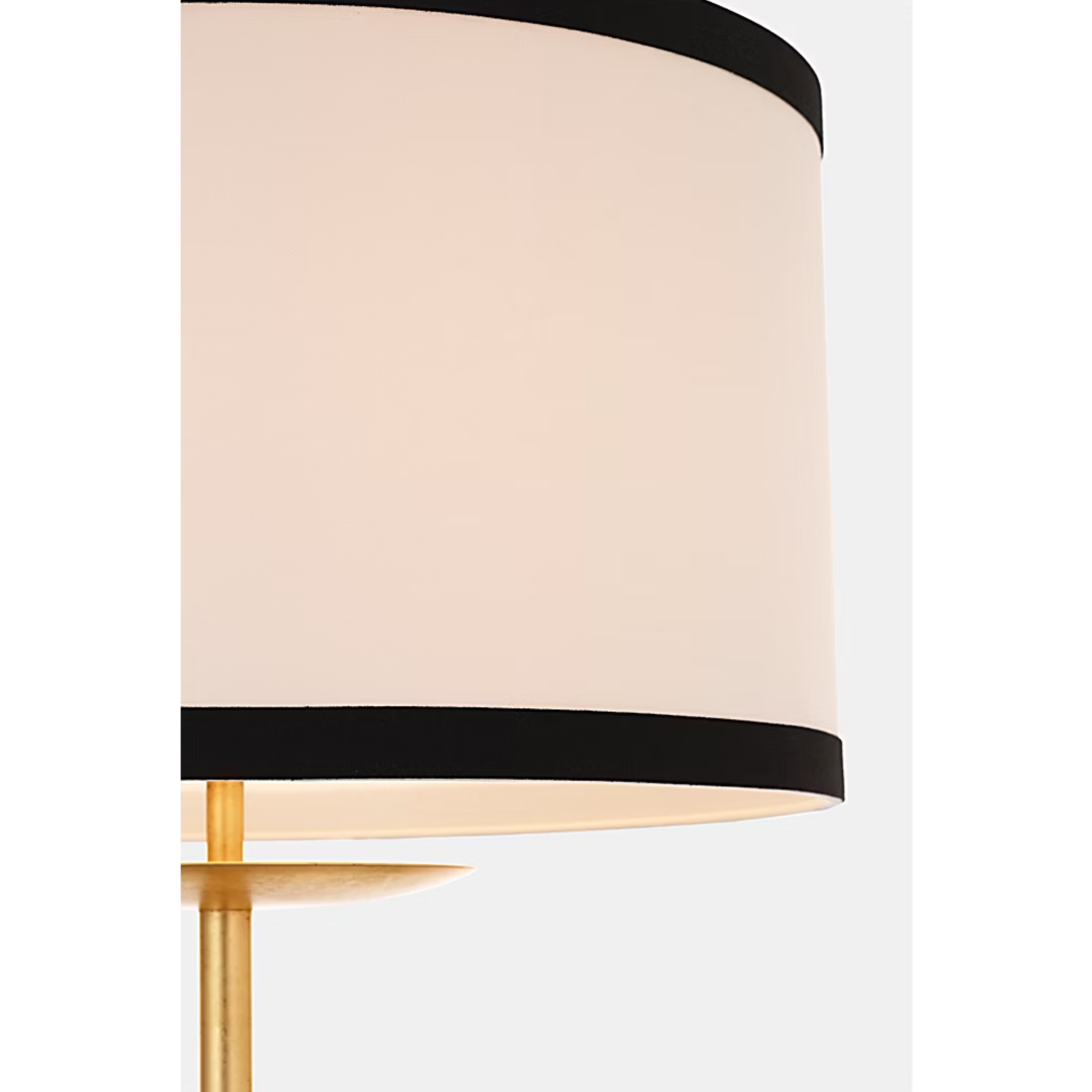 The gild with cream linen shade with black linen trim Walker Cordless Floor Lamp from Visual Comfort Signature shade shown in detail.