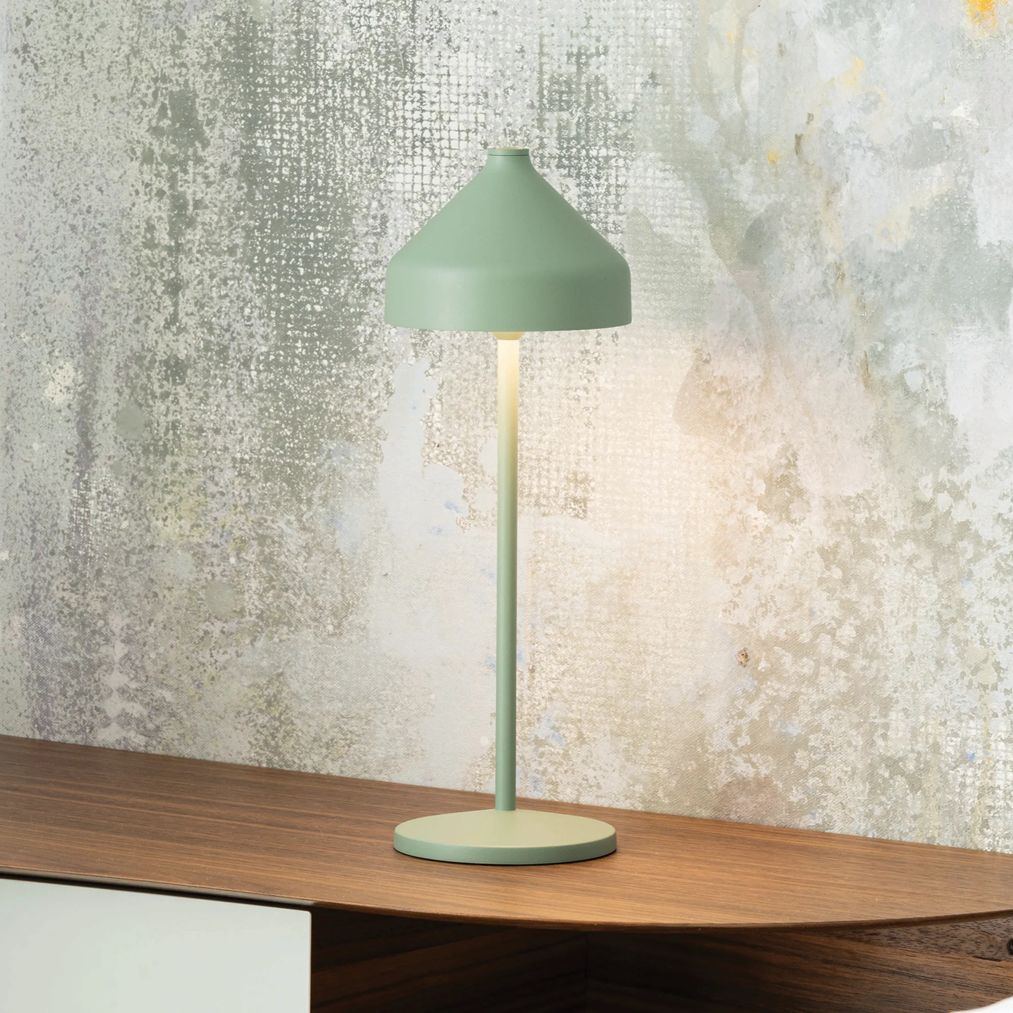 The mint green Amelie Pro Cordless Lamp from Zafferano in a business office on top of a wooden desk.