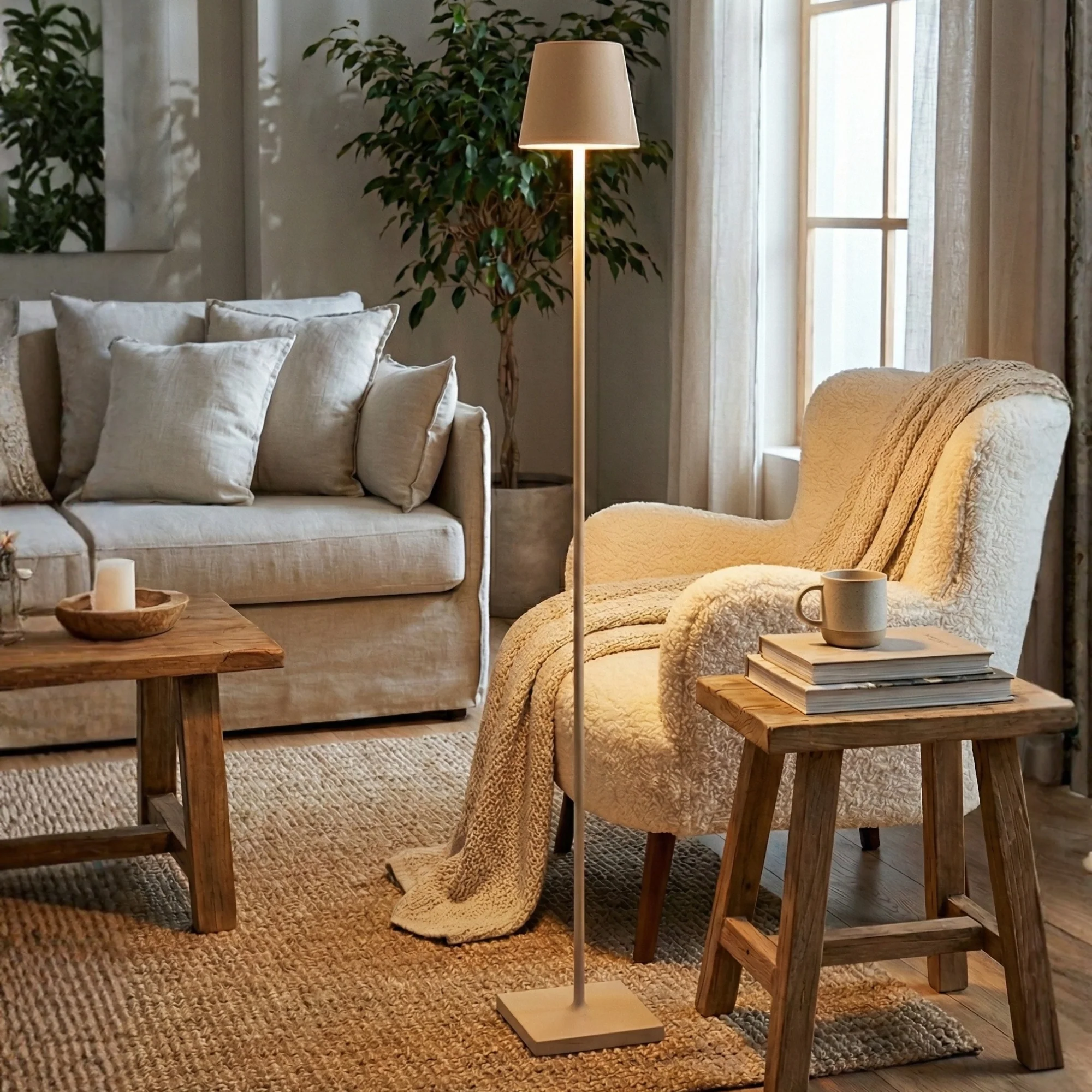 The sand Poldina Pro L Floor Lamp from Zafferano in a living space beside a lounge chair and side table, near a sofa and coffee table.