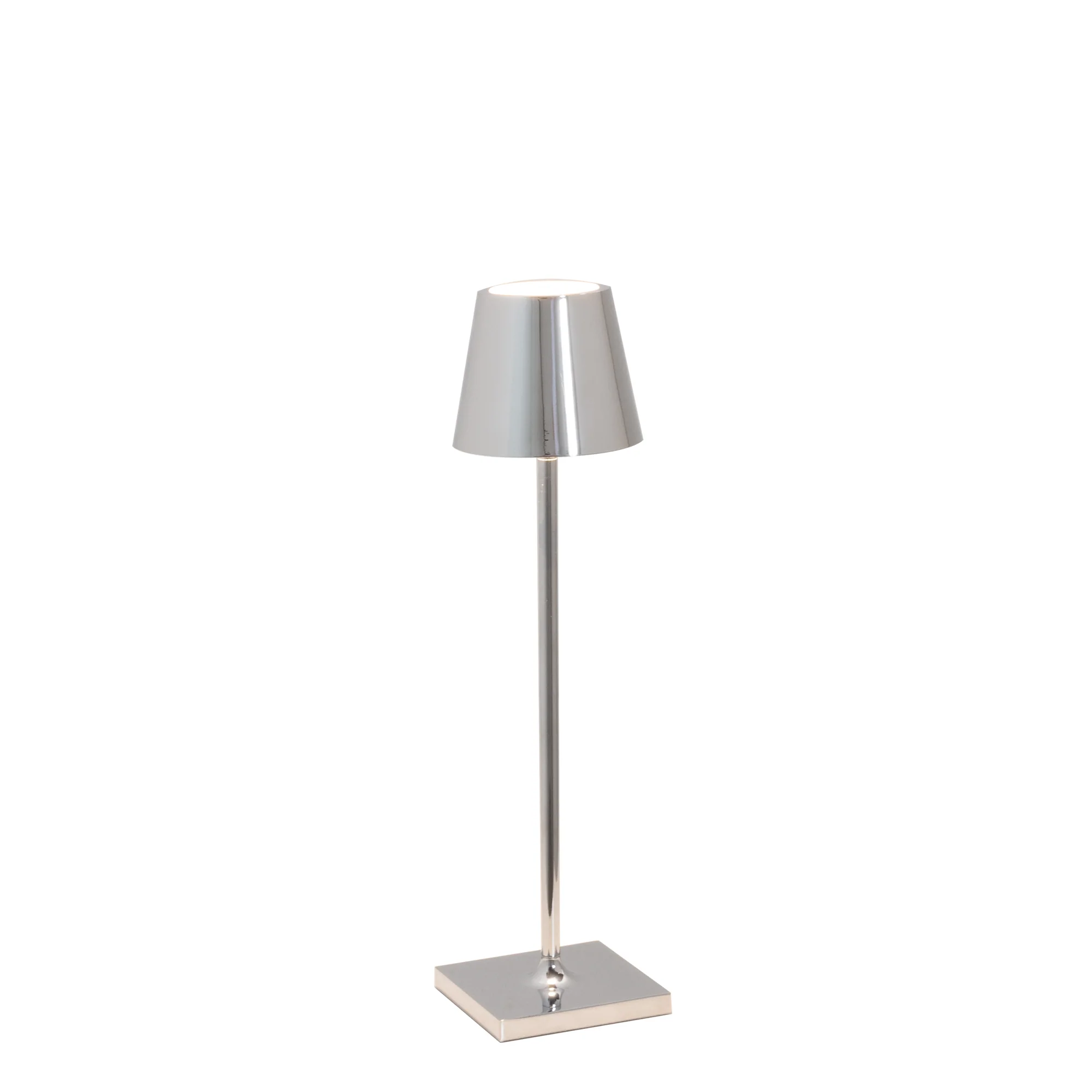 The glossy chrome Poldina Pro Micro Cordless Lamp from Zafferano.
