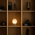 The alabaster white JWDA Portable Table Lamp from Audo Copenhagen on a bookshelf within a home library.