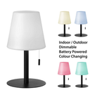 The Tinsley Cordless Table Lamp from Dainolite features, including indoor and outdoor capability, dimmable lighting, cordless battery powered illumination and a color changing LED.