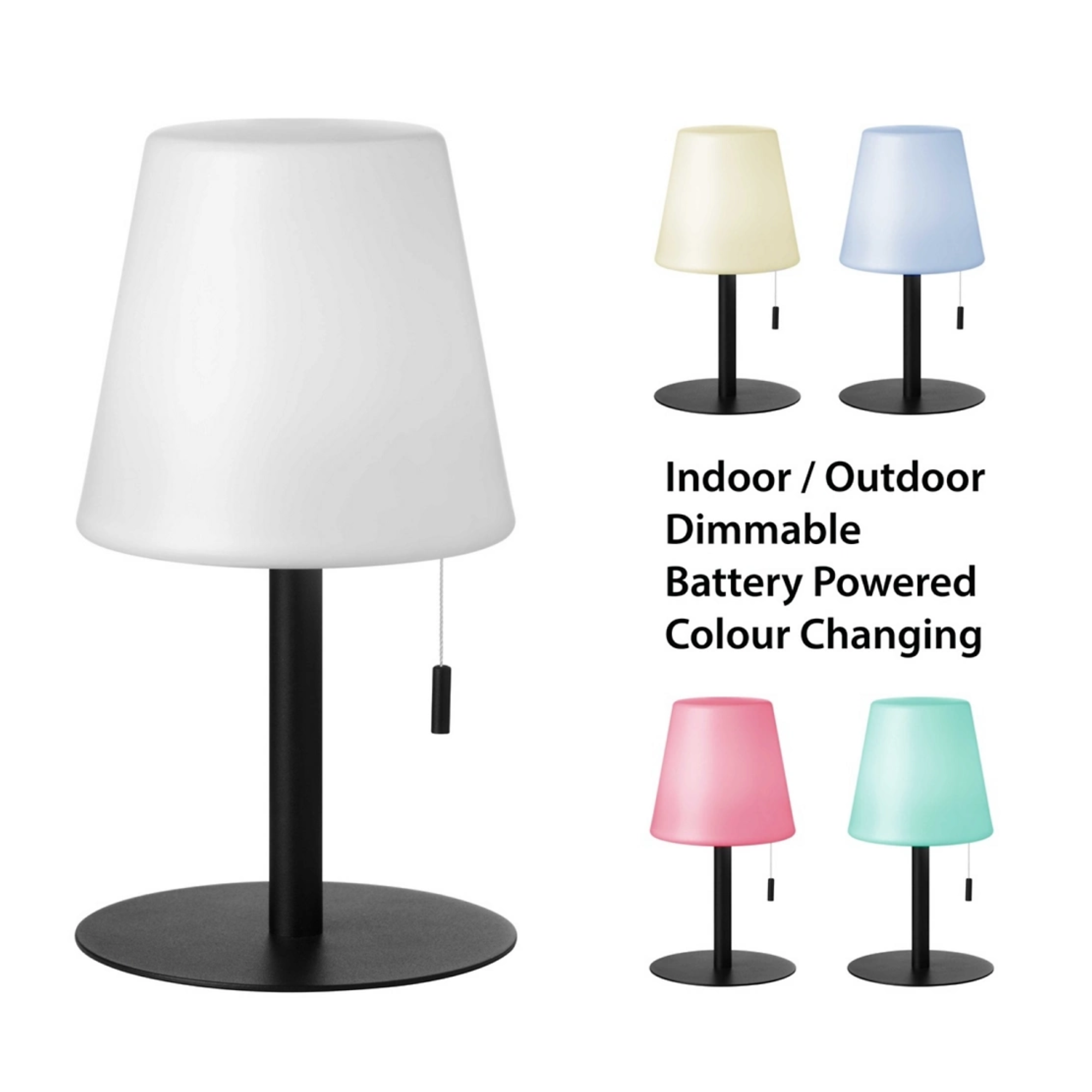The Tinsley Cordless Table Lamp from Dainolite features, including indoor and outdoor capability, dimmable lighting, cordless battery powered illumination and a color changing LED.