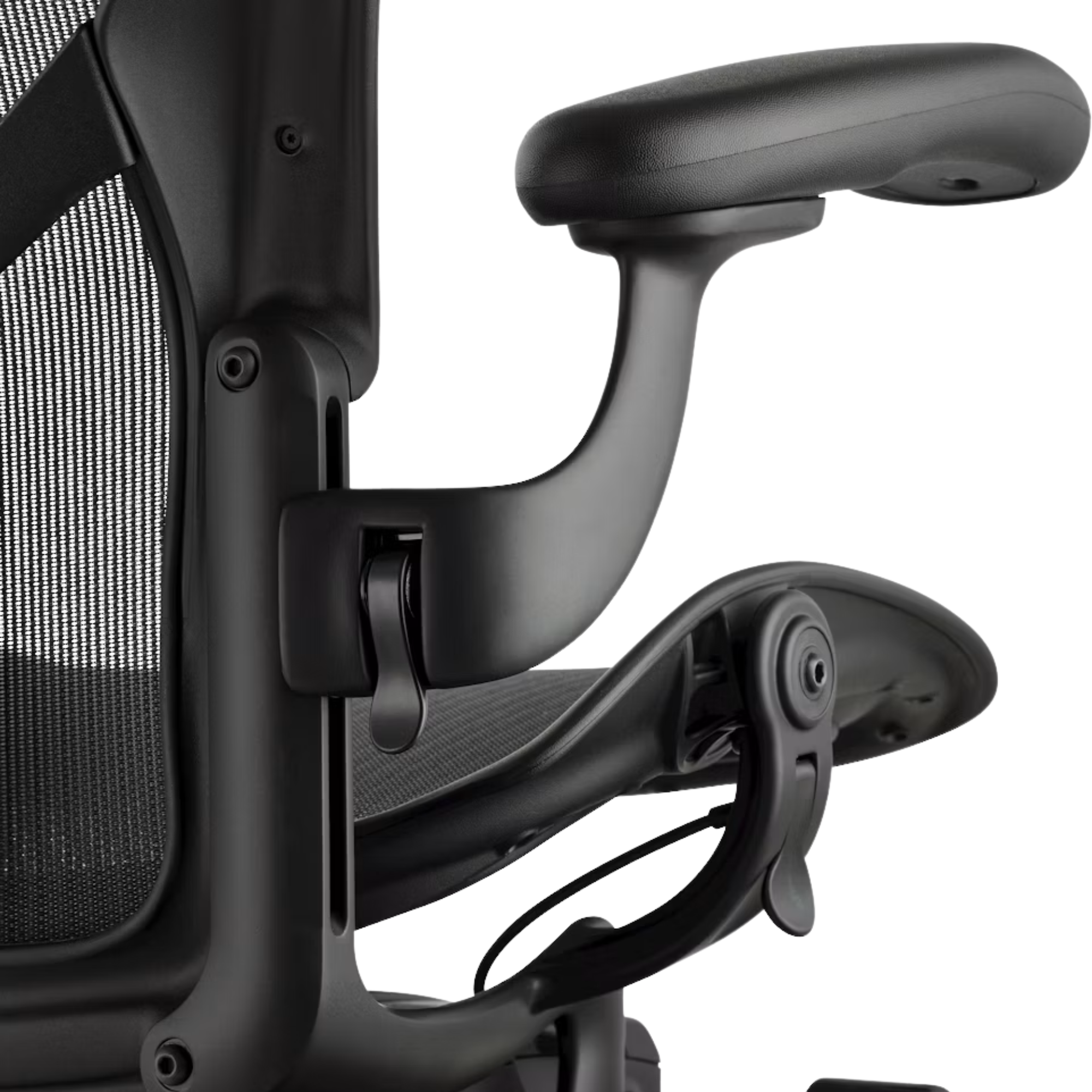 The arm of the Aeron Office Chair from Herman Miller shown close up highlighting the adjustable arms.
