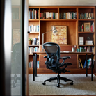 The Aeron Office Chair in a home library in front of a bookshelf with various books, paintings, plants and decor.