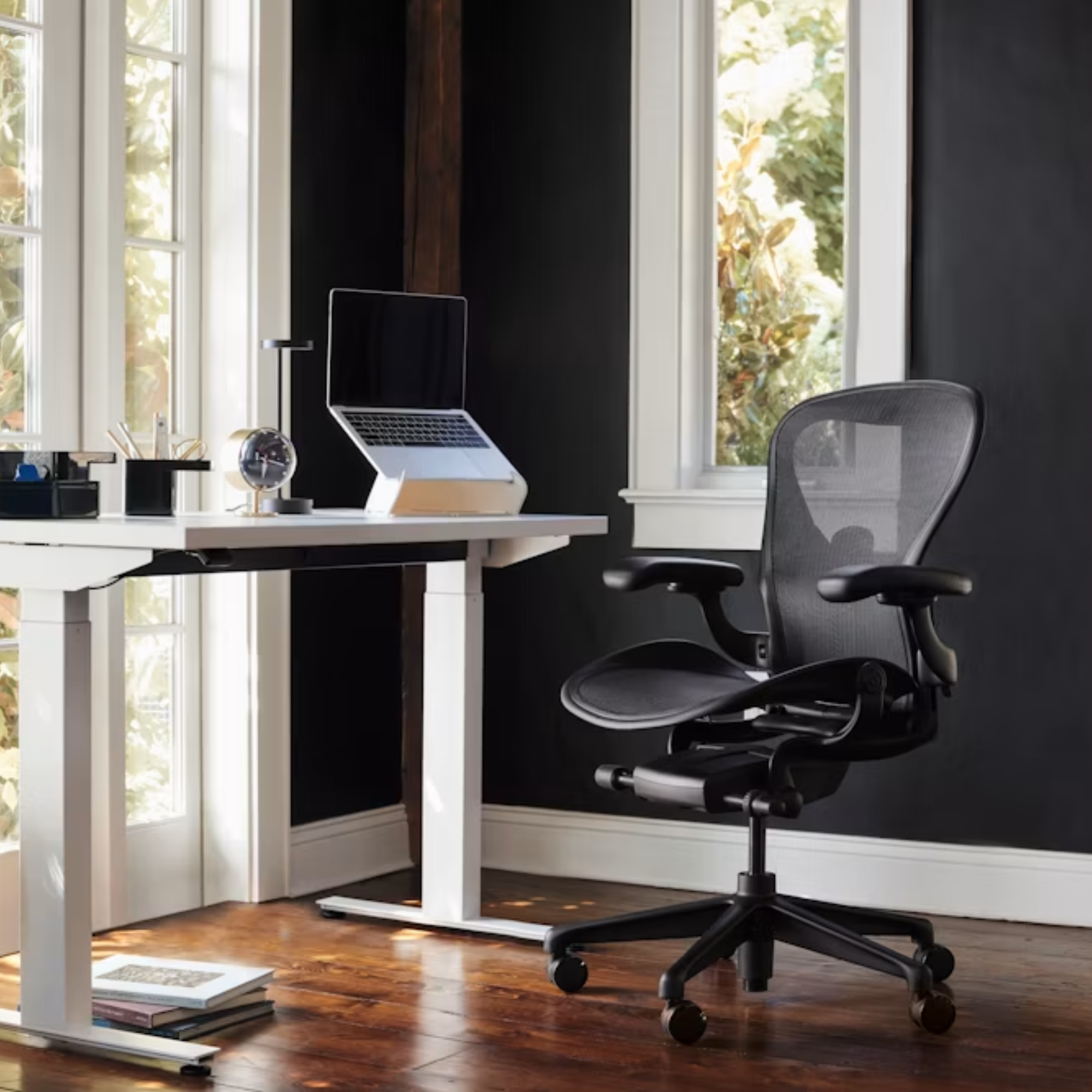 The Aeron Office Chair in a living room with a sit to stand desk and laptop in front of a window overlooking a garden.