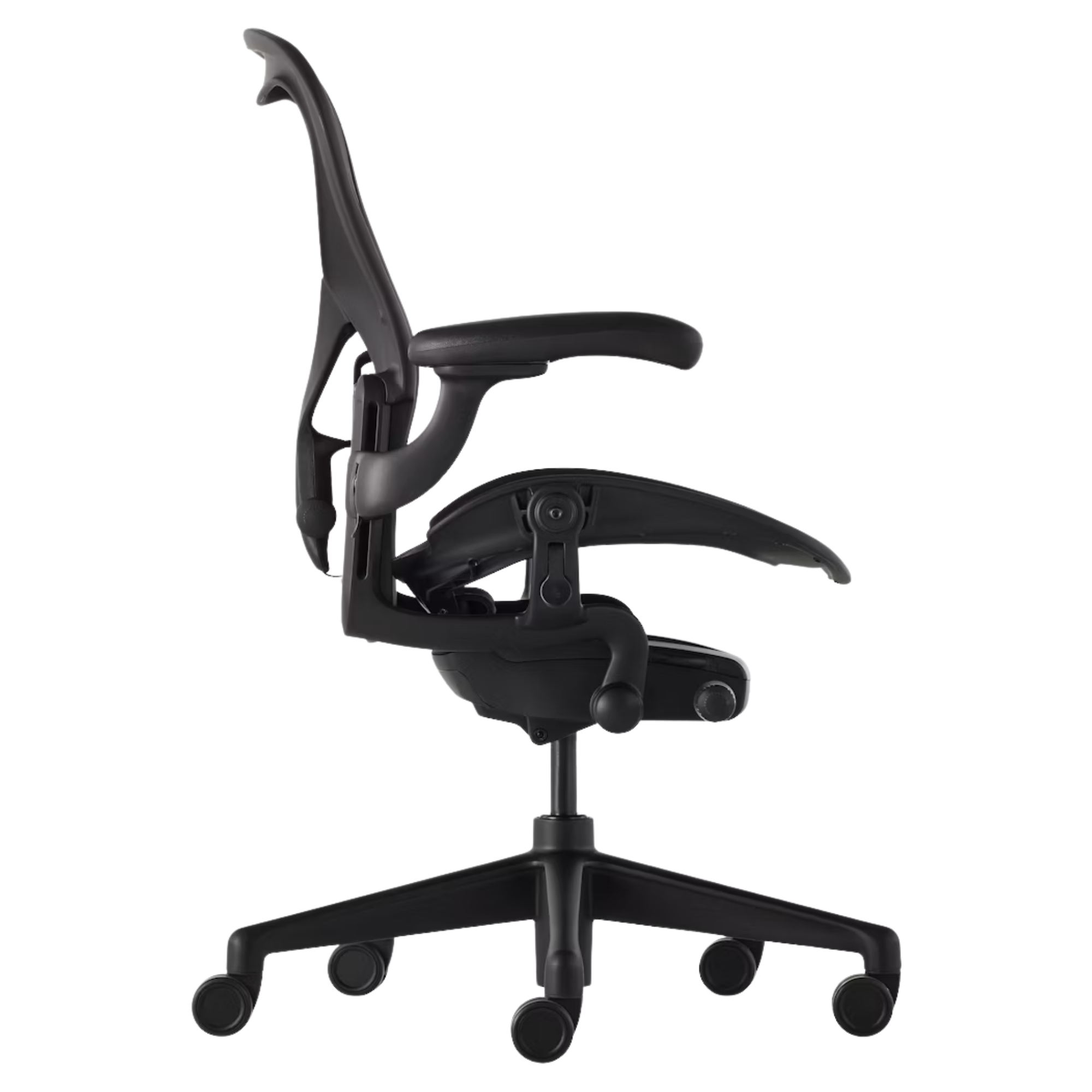 The side of the Aeron Office Chair from Herman Miller showing the back, seat, arms and base.