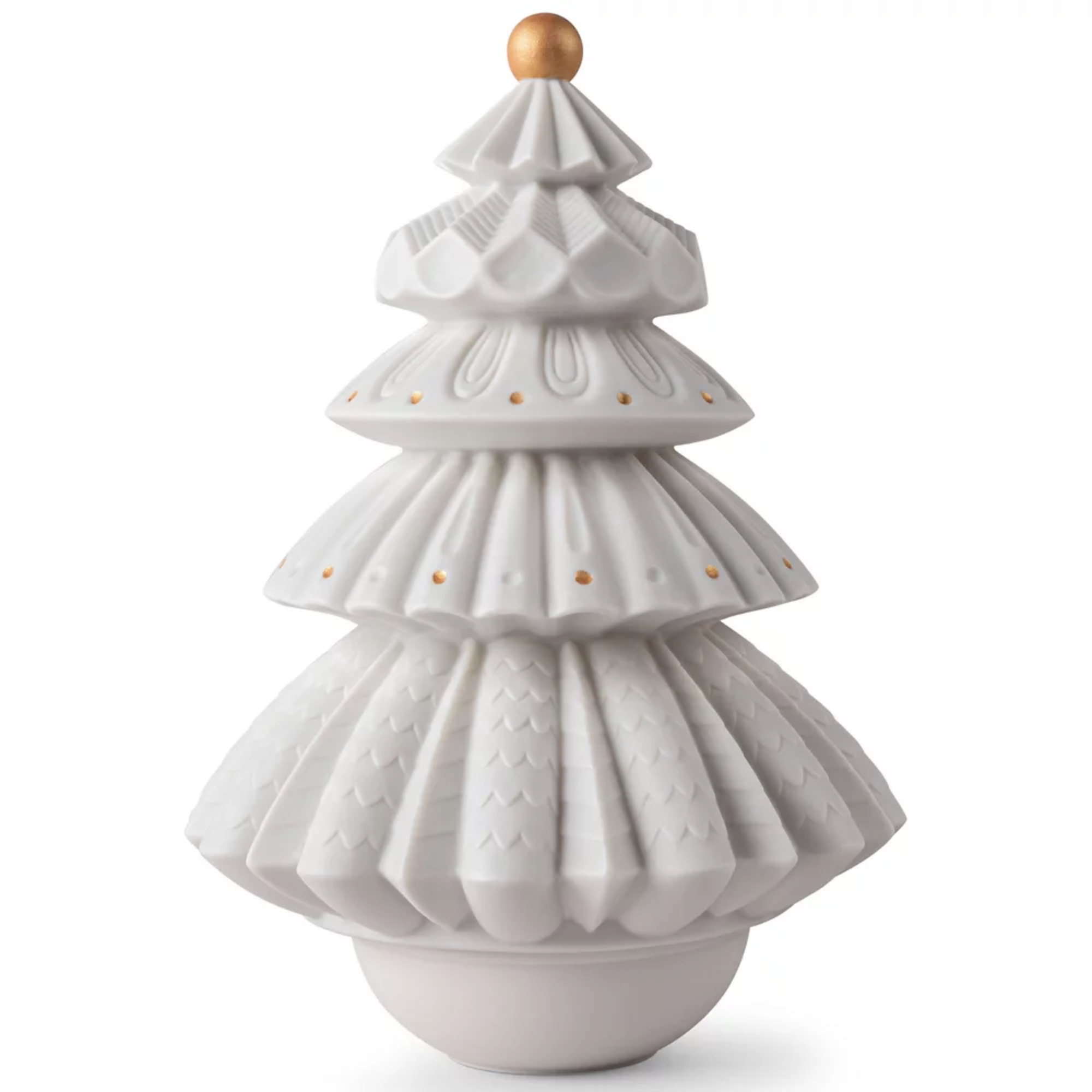 The Christmas Tree Cordless Table Lamp from Lladro turned off. It is white when turned off, and golden when illuminated.