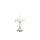 The chrome beige Panthella 160 Portable Lamp from Louis Poulsen turned on.