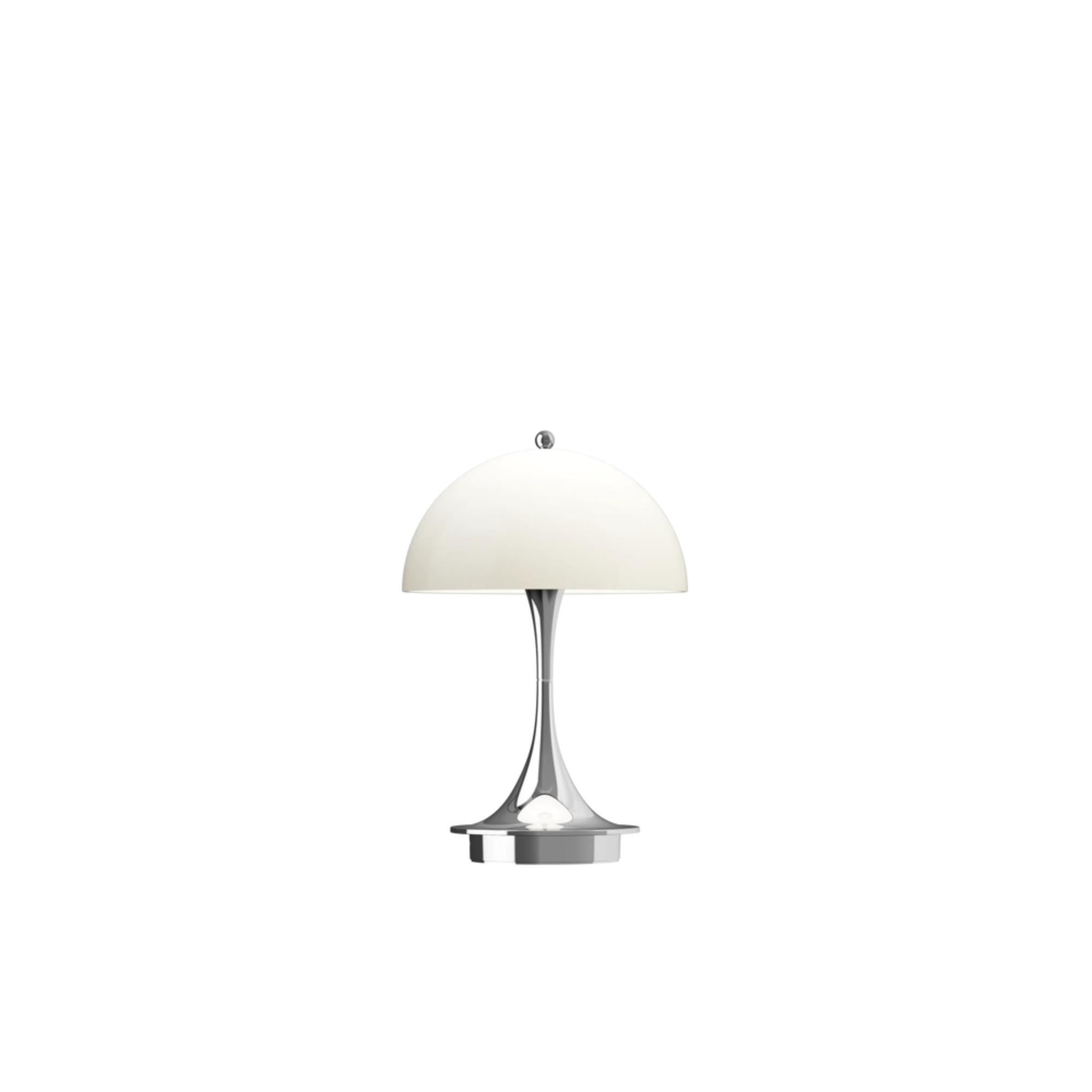 The chrome beige Panthella 160 Portable Lamp from Louis Poulsen turned on.