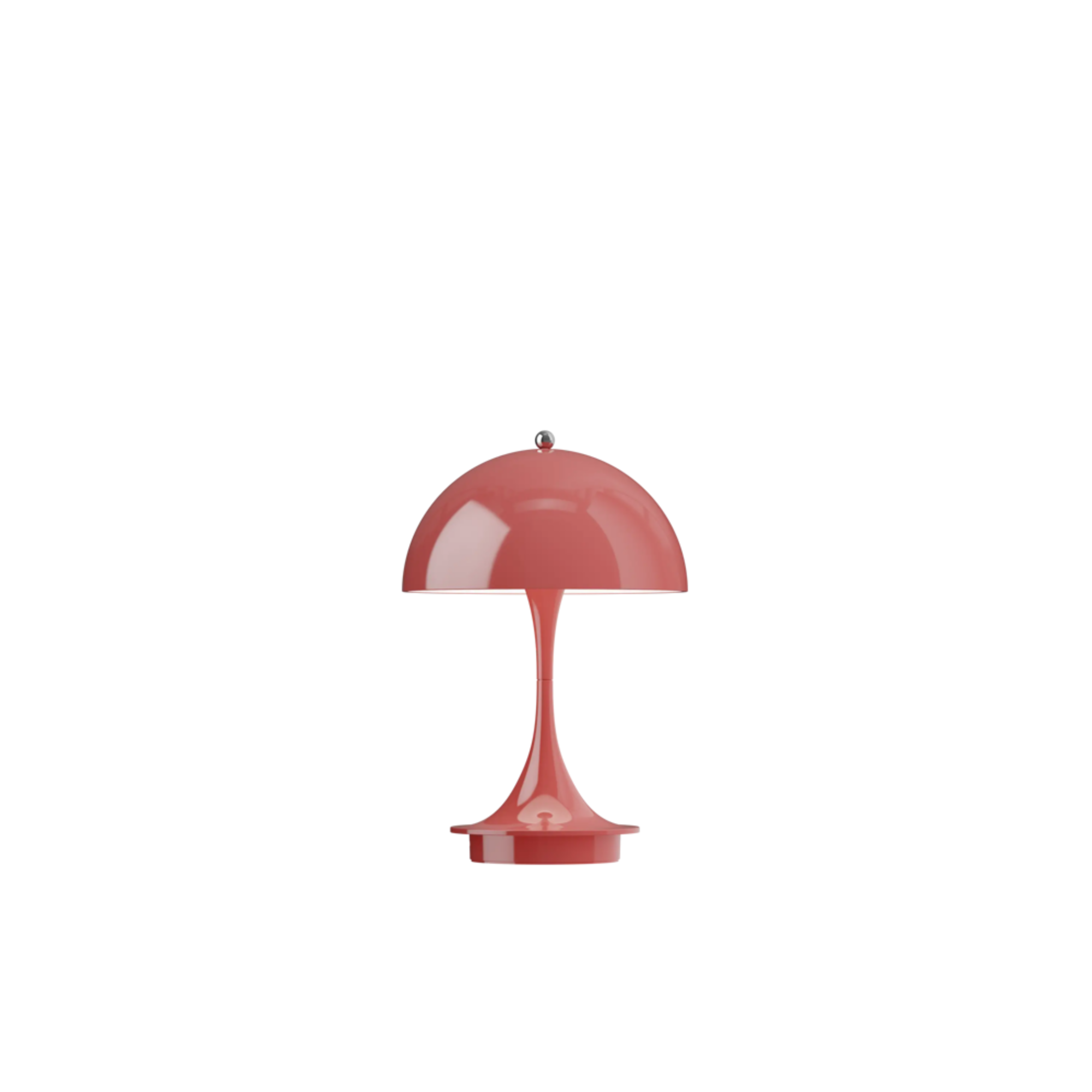 The coral Panthella 160 Portable Lamp from Louis Poulsen turned on.