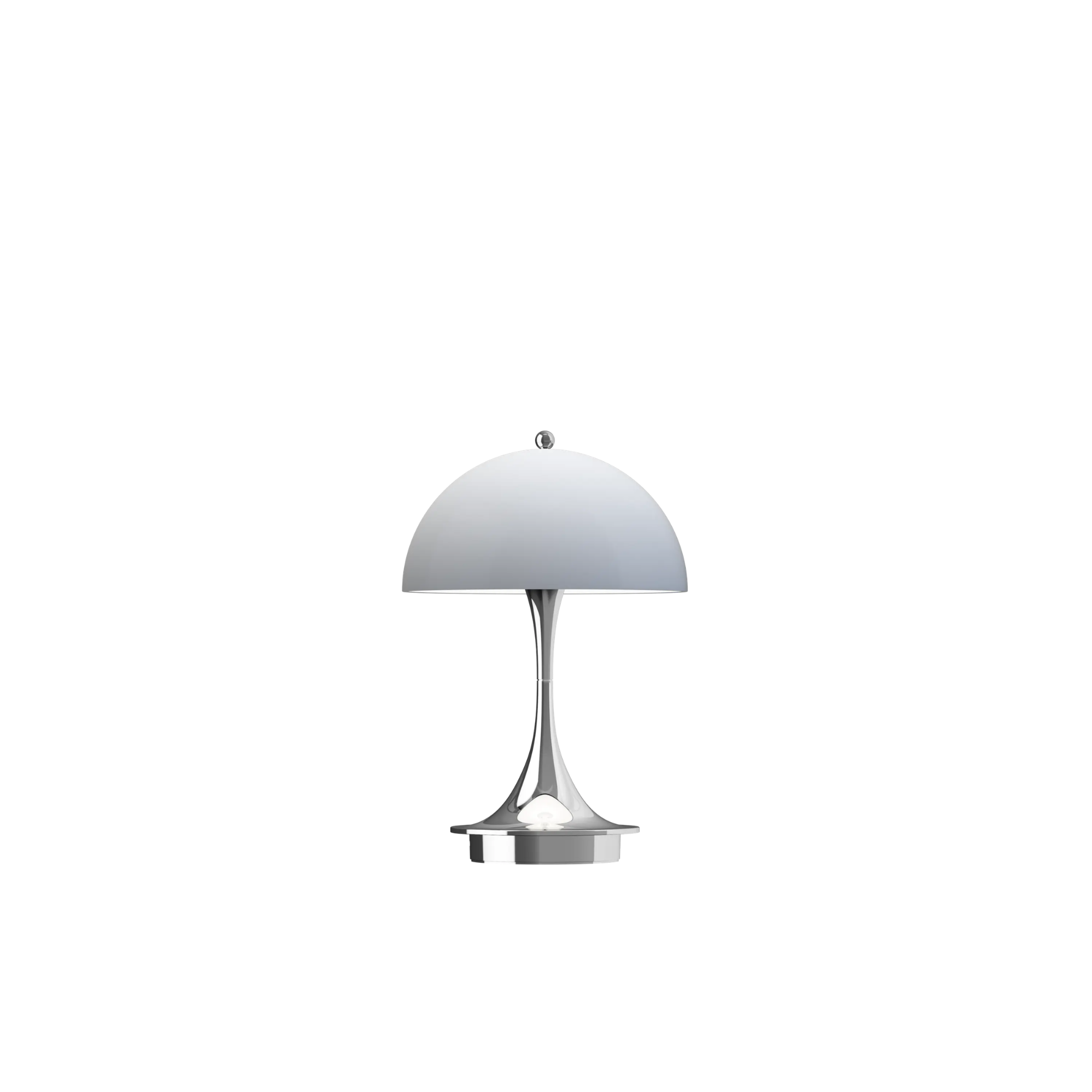 The grey opal Panthella 160 Portable Lamp from Louis Poulsen turned on.