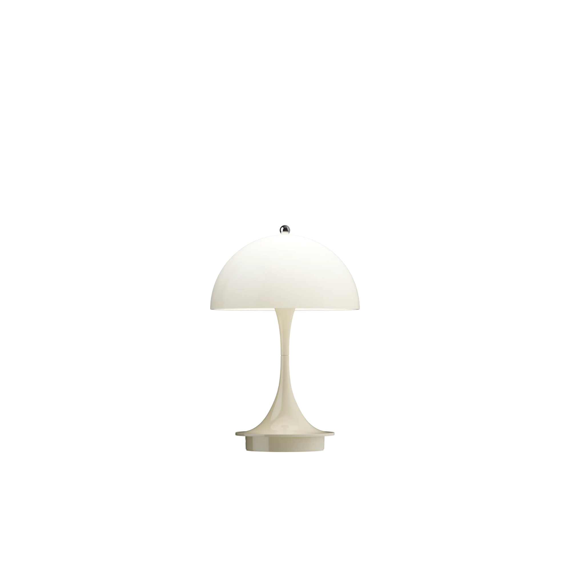 The opal beige Panthella 160 Portable Lamp from Louis Poulsen turned on.
