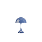 The opaque indigo Panthella 160 Portable Lamp from Louis Poulsen turned on.