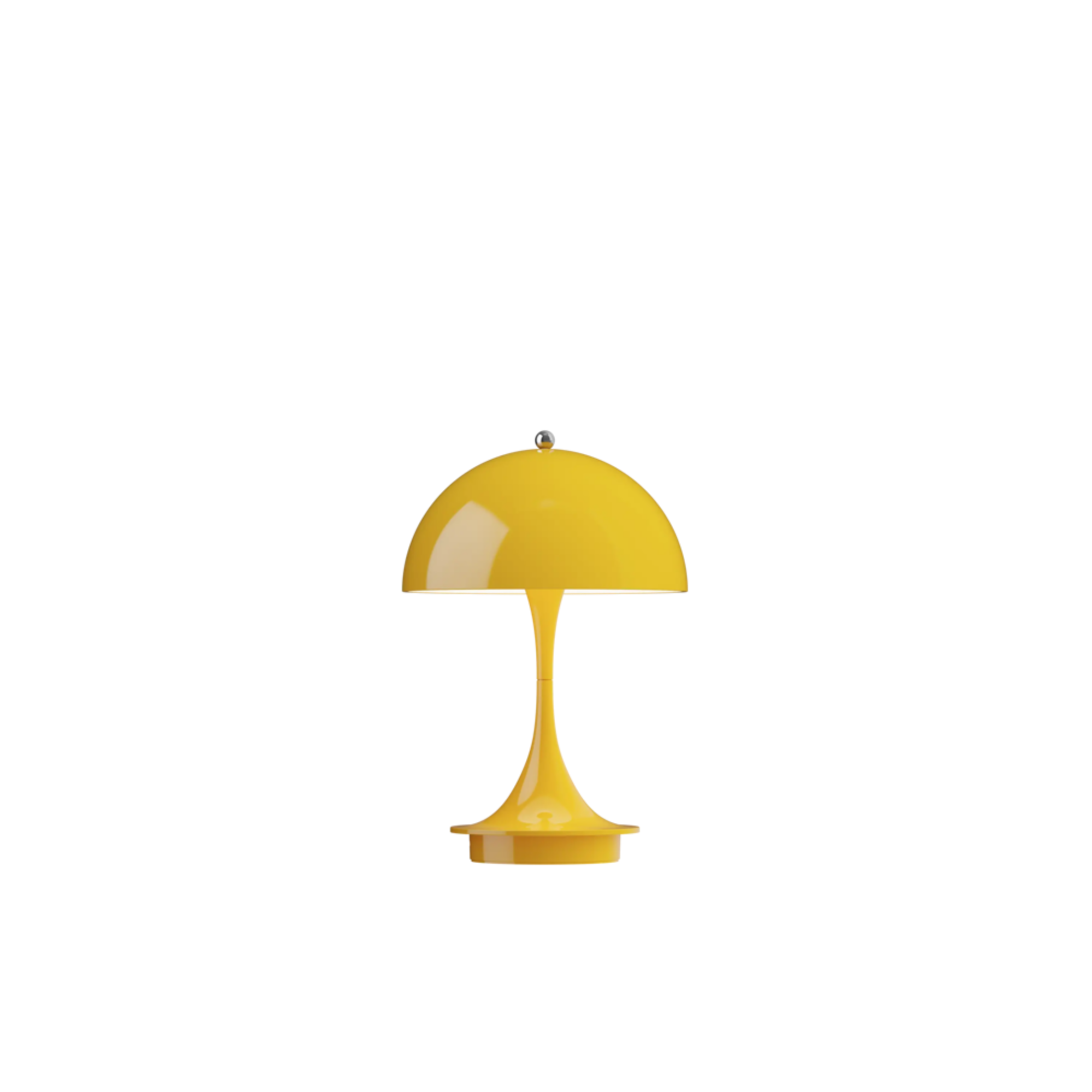 The opaque yellow Panthella 160 Portable Lamp from Louis Poulsen turned on.