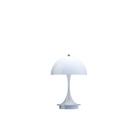 The pale blue opal Panthella 160 Portable Lamp from Louis Poulsen turned on.