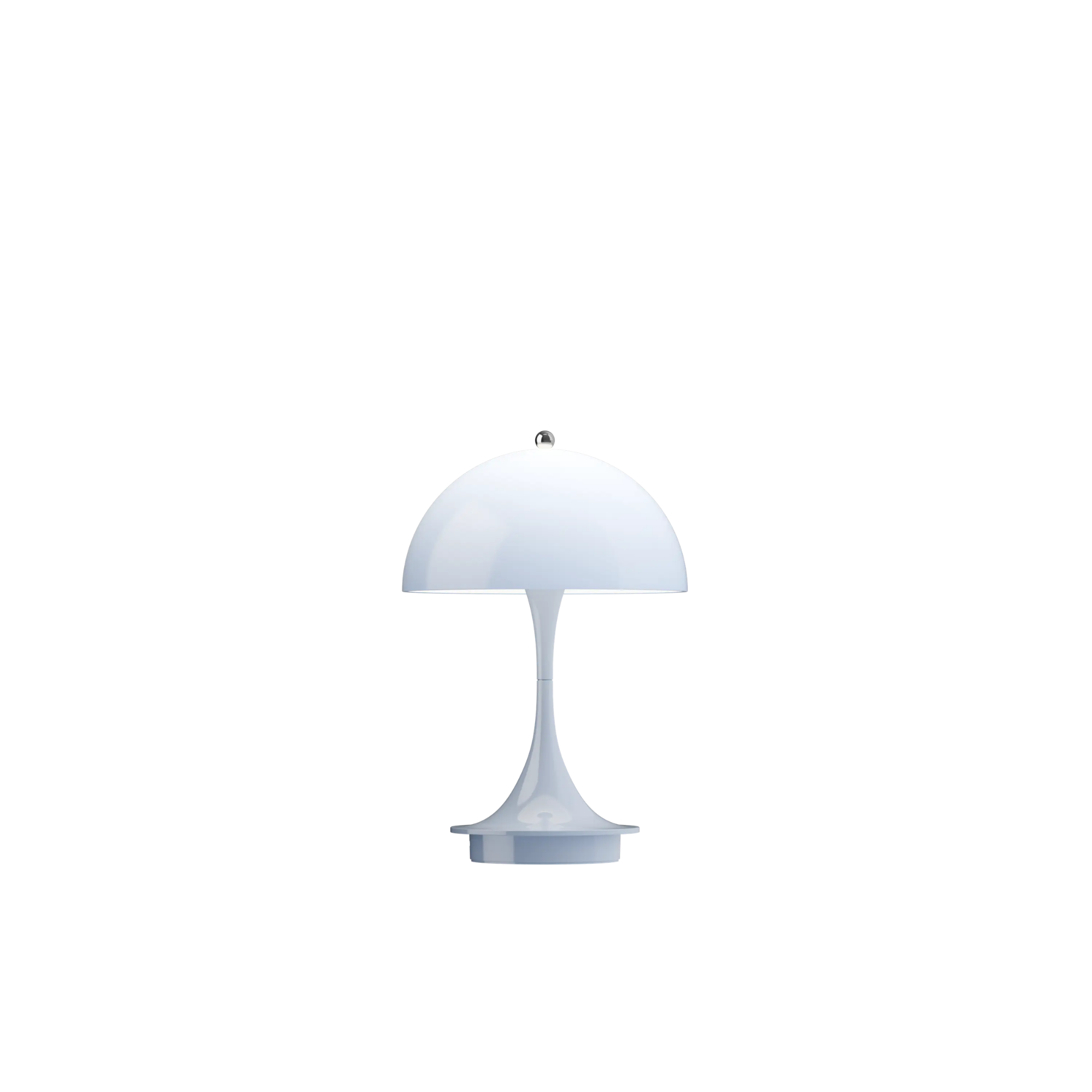 The pale blue opal Panthella 160 Portable Lamp from Louis Poulsen turned on.