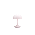 The pale rose opal Panthella 160 Portable Lamp from Louis Poulsen turned on.