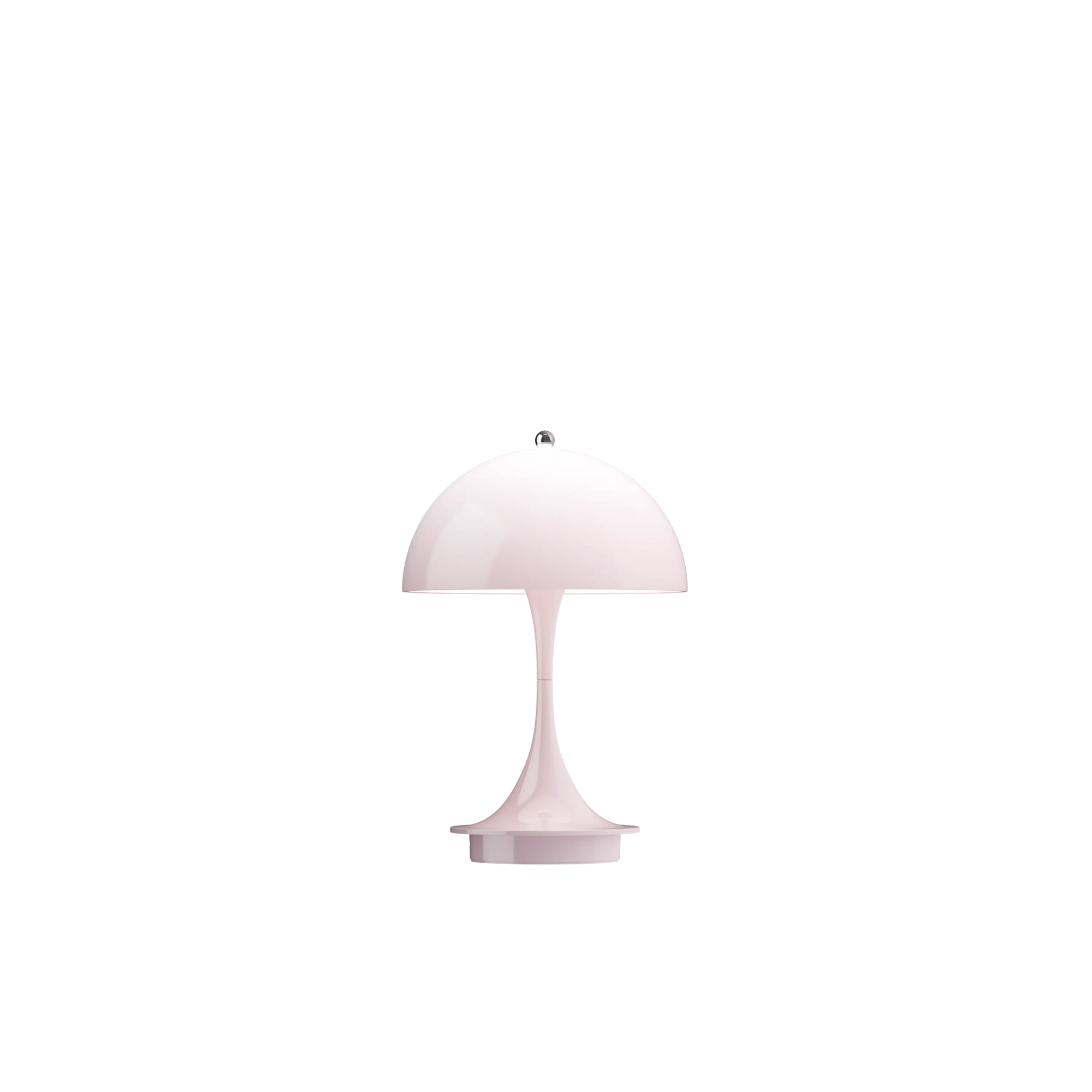 The pale rose opal Panthella 160 Portable Lamp from Louis Poulsen turned on.