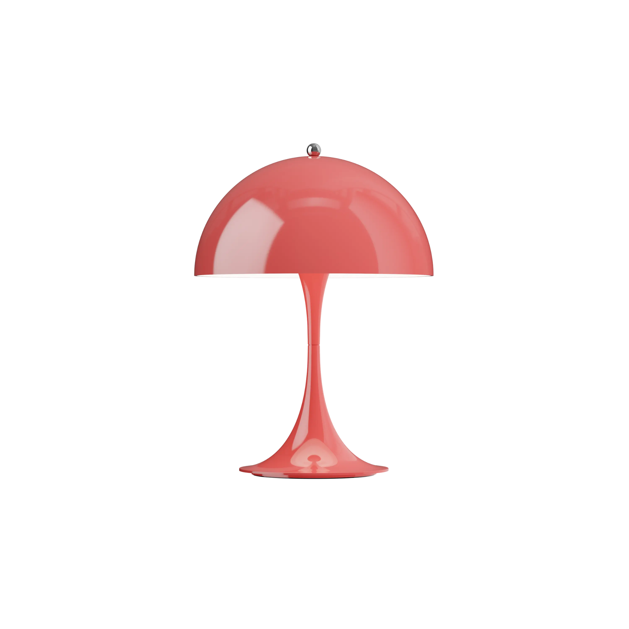 The coral Panthella 250 Portable Lamp from Louis Poulsen turned on.
