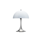 The grey opal Panthella 250 Portable Lamp from Louis Poulsen turned on.