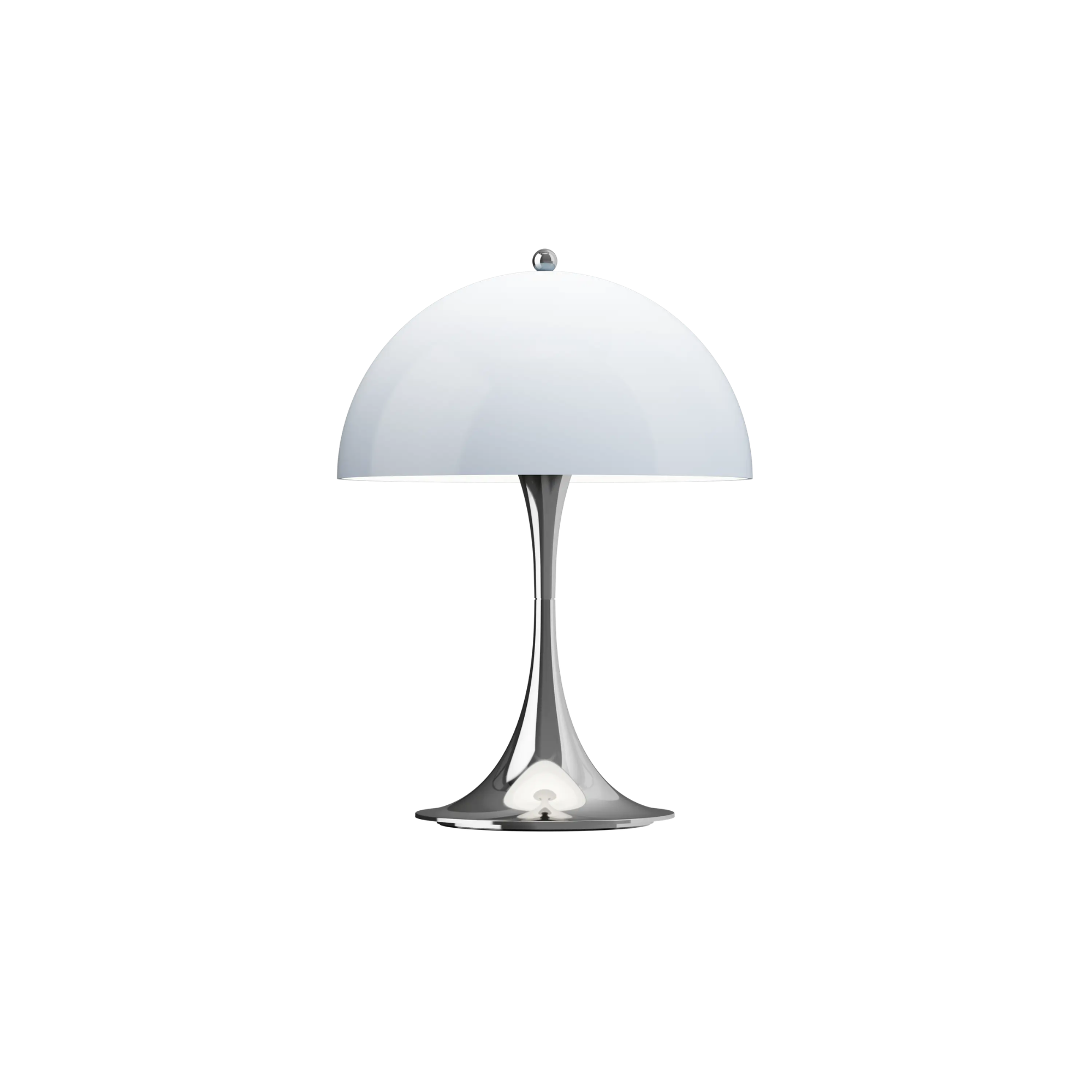 The grey opal Panthella 250 Portable Lamp from Louis Poulsen turned on.