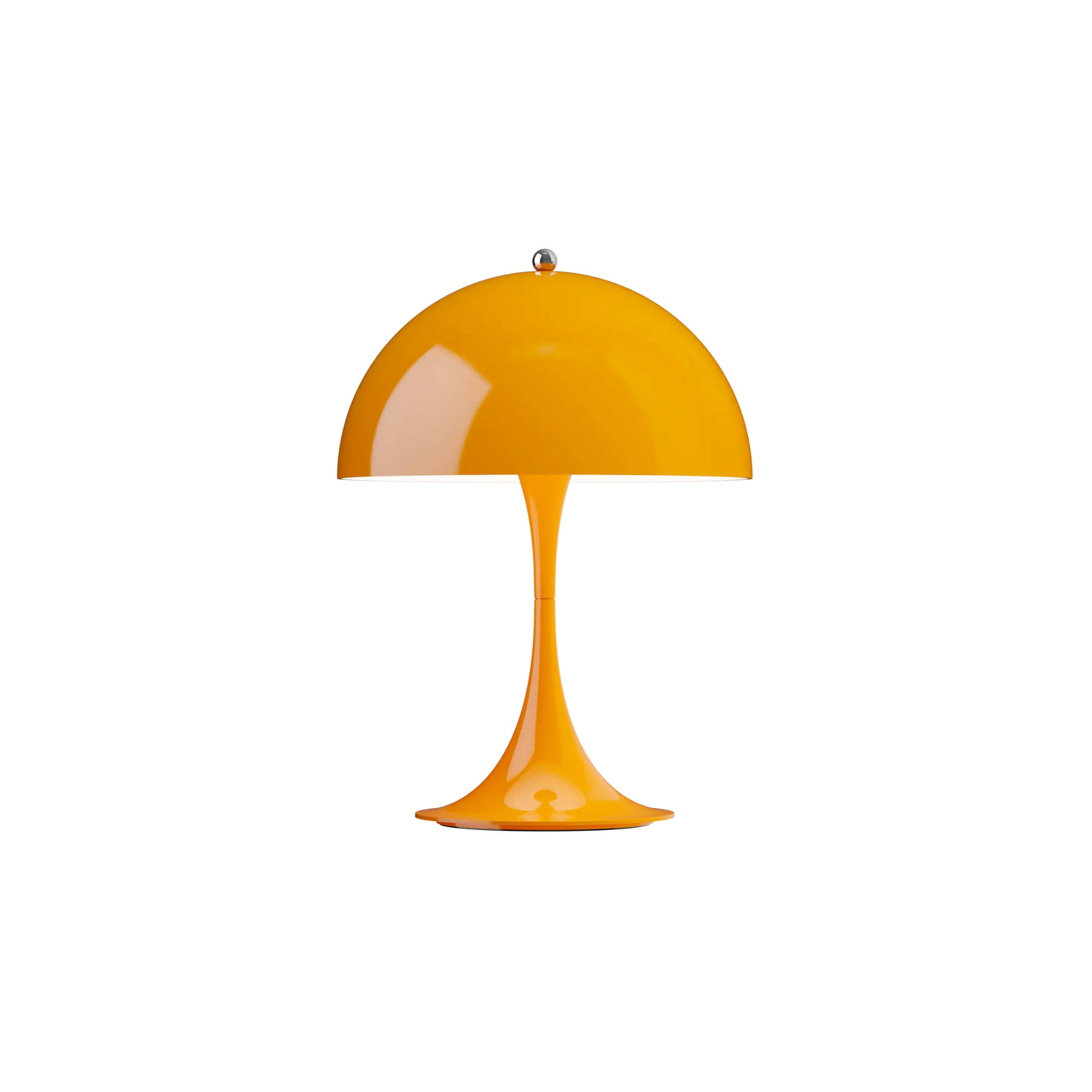 The orange Panthella 250 Portable Lamp from Louis Poulsen turned on.