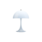 The pale blue opal Panthella 250 Portable Lamp from Louis Poulsen turned on.