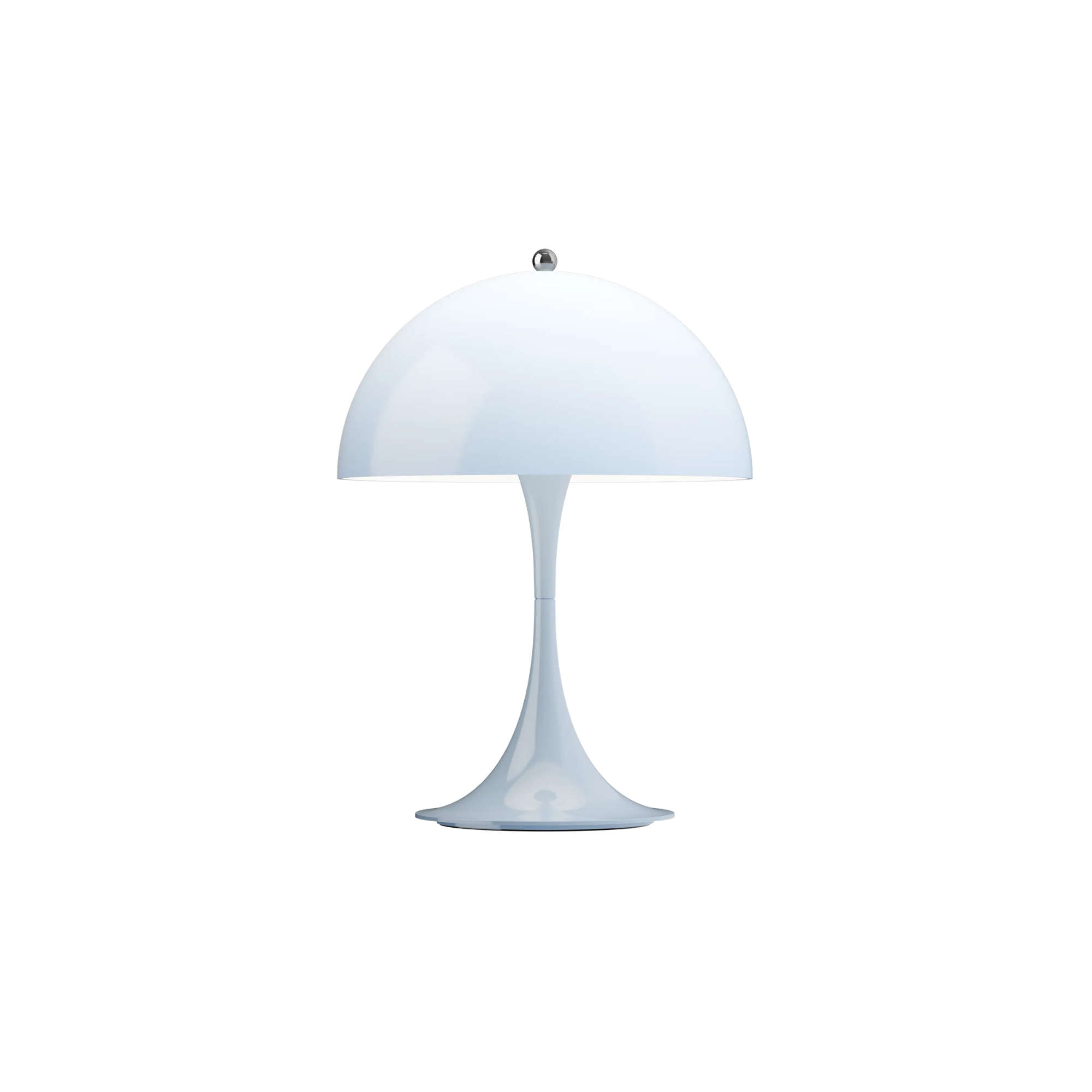 The pale blue opal Panthella 250 Portable Lamp from Louis Poulsen turned on.