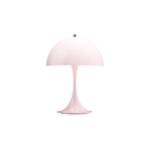 The pale rose opal Panthella 250 Portable Lamp from Louis Poulsen turned on.