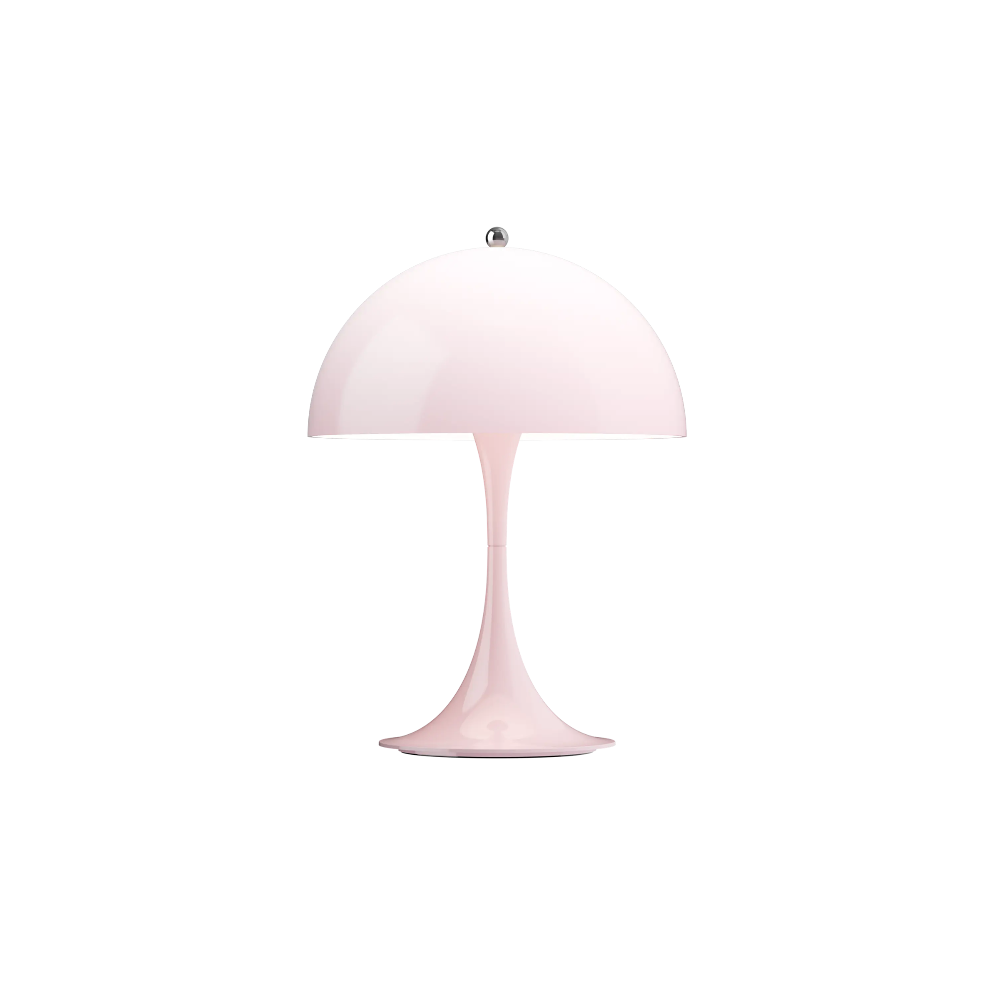 The pale rose opal Panthella 250 Portable Lamp from Louis Poulsen turned on.