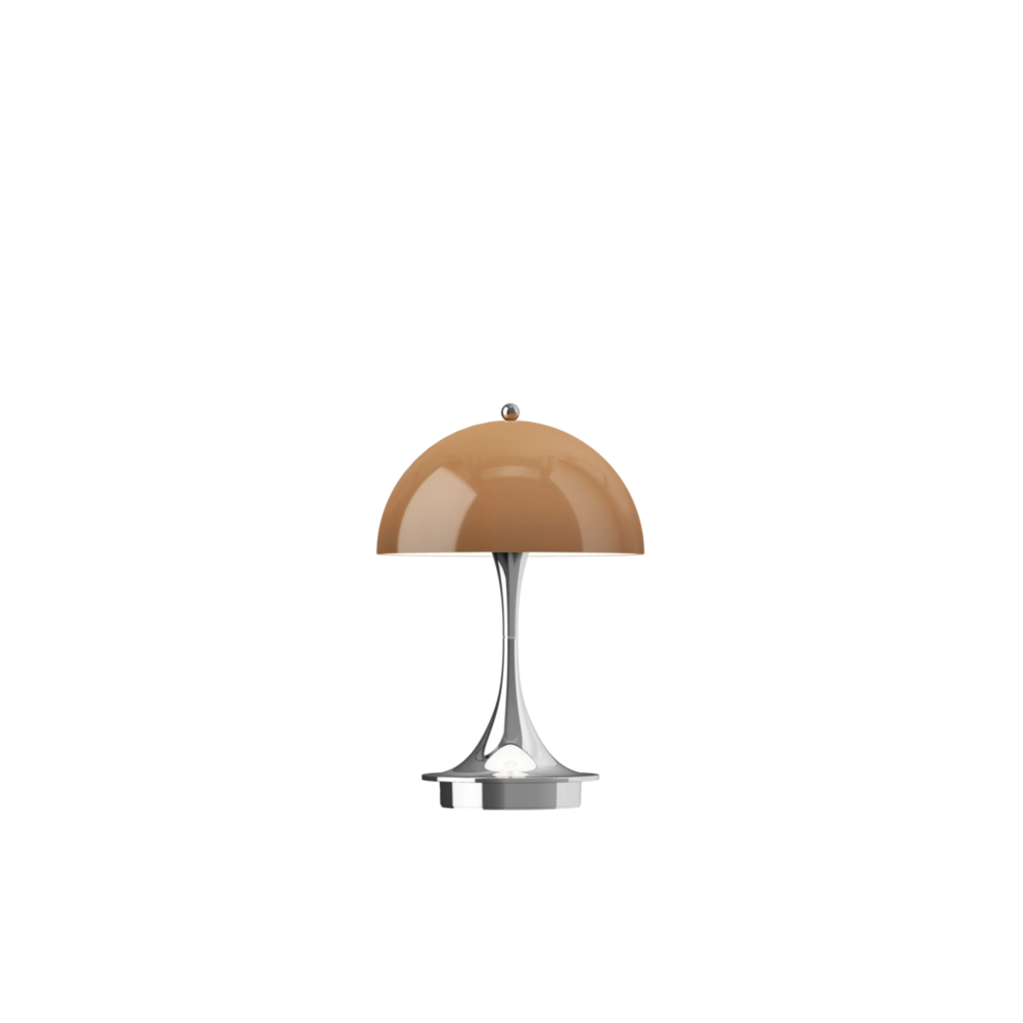 The 9.5 inch brown Panthella Portable Lamp: The Originals from Louis Poulsen turned on.