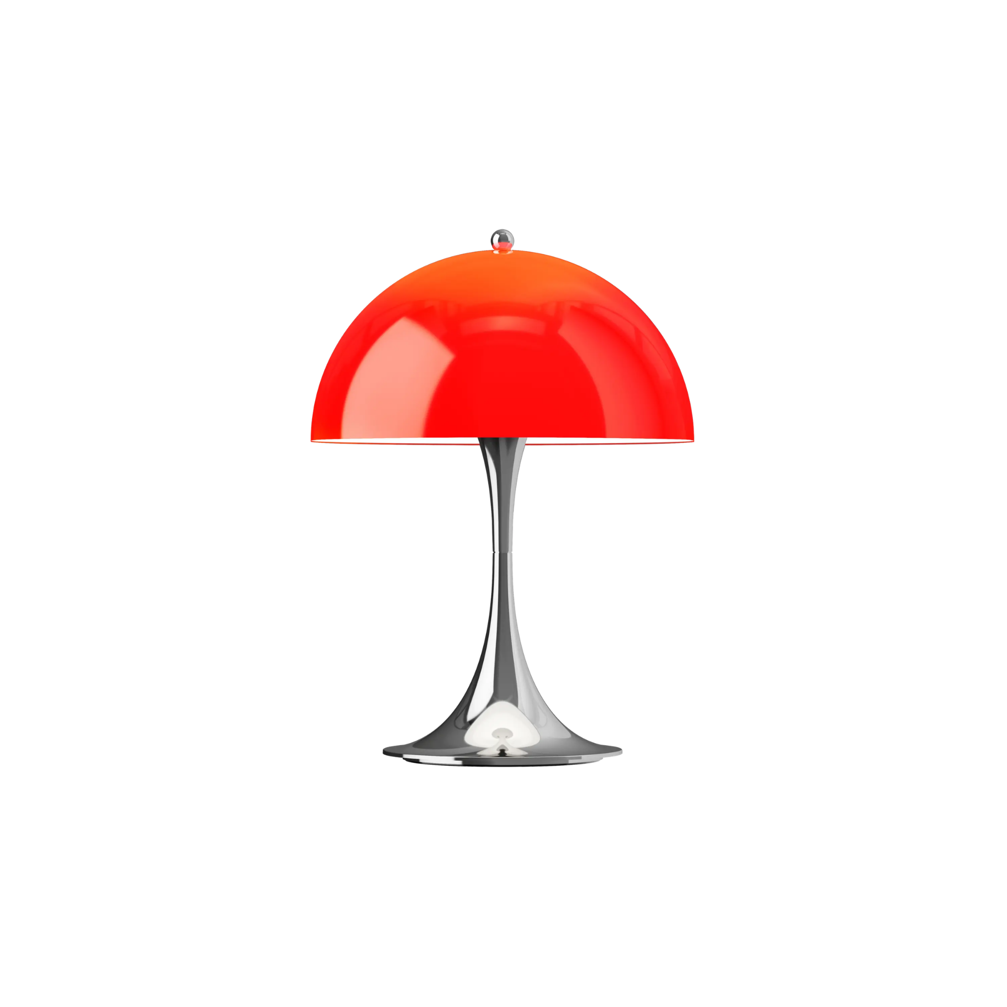 The 13.2 inch red Panthella Portable Lamp: The Originals from Louis Poulsen turned on.