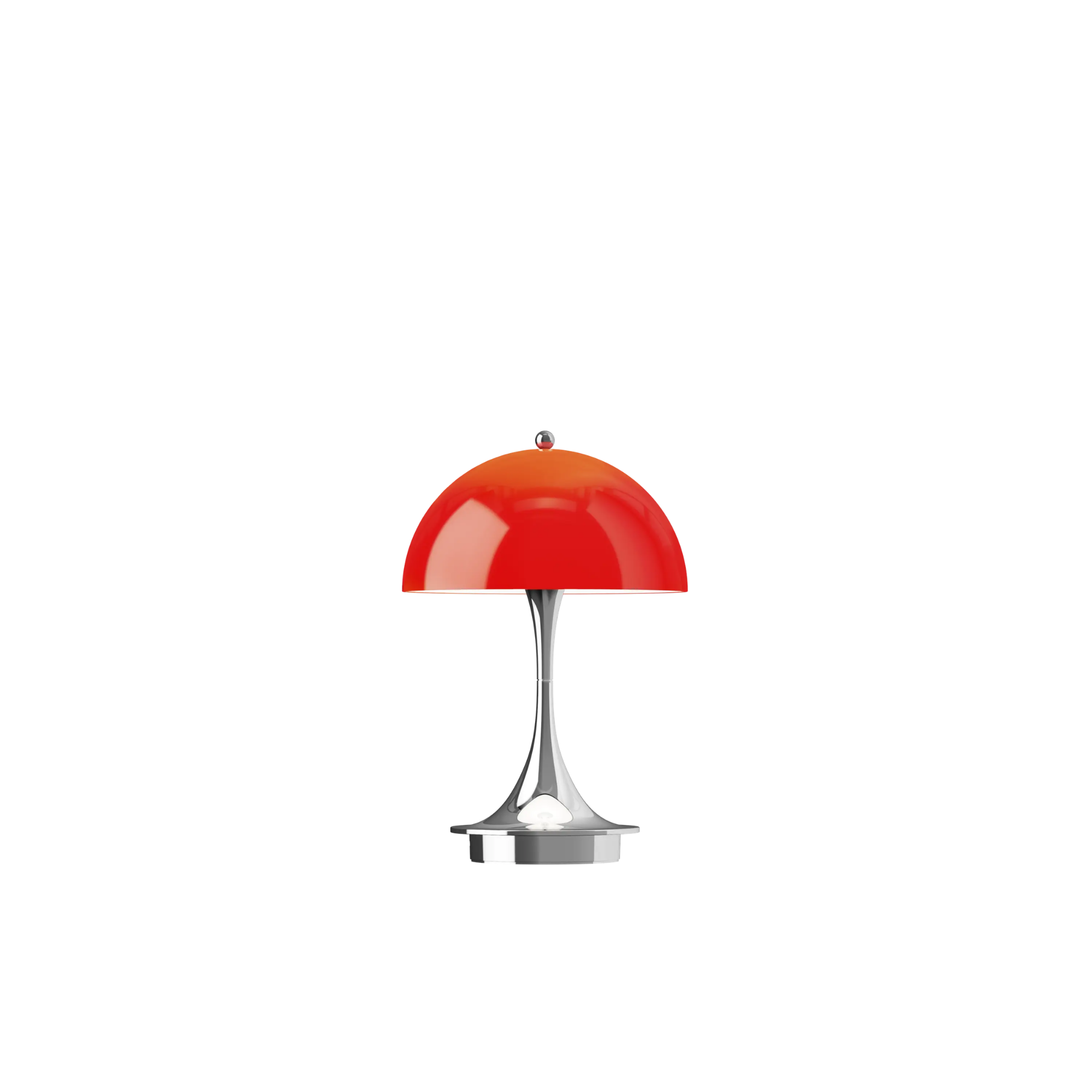 The 9.5 inch red Panthella Portable Lamp: The Originals from Louis Poulsen turned on.