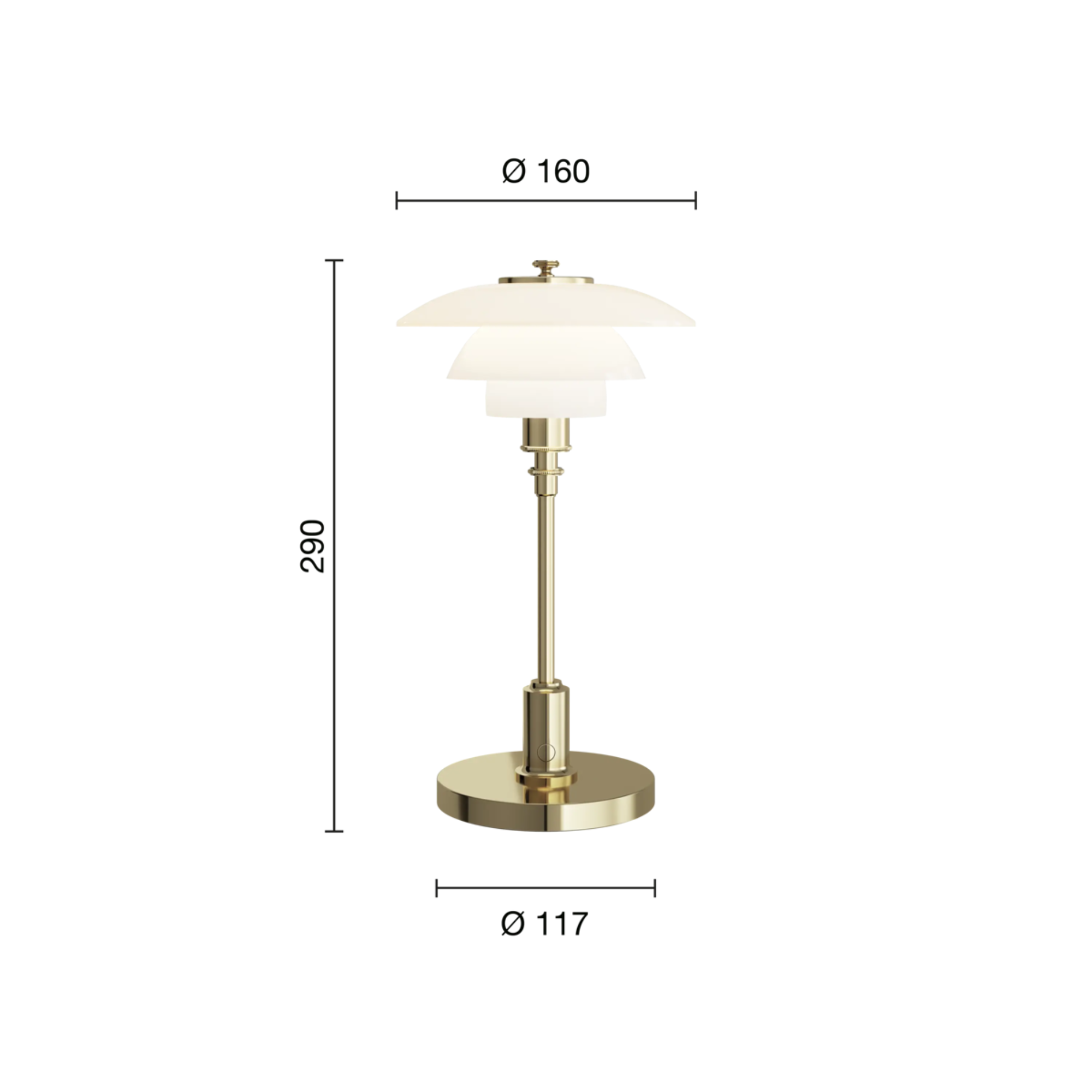 The brass PH 1/1 Portable Lamp from Louis Poulsen dimensions.