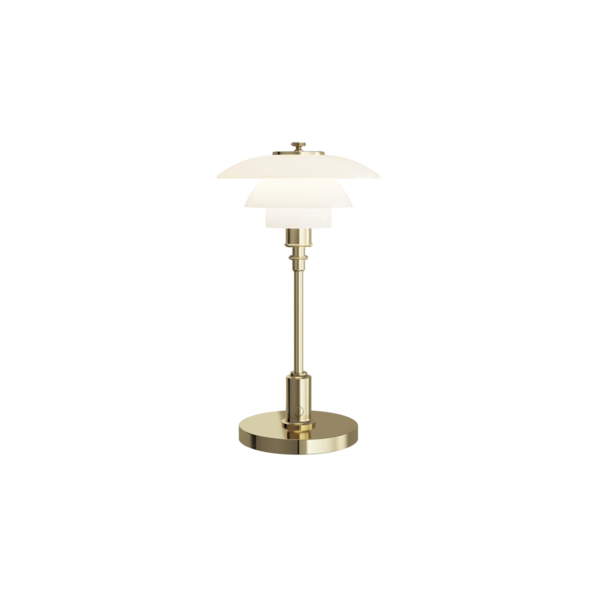 The brass PH 1/1 Portable Lamp from Louis Poulsen turned on.